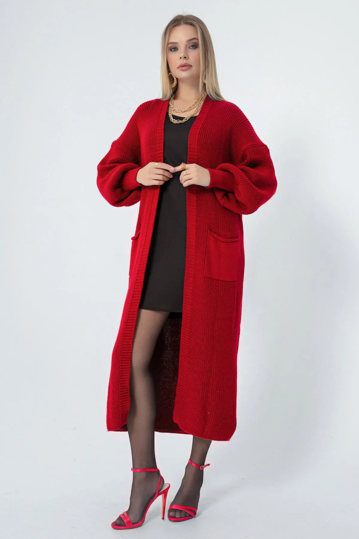 Lafaba  Roter langer Damen-Cardigan mit Ballonärmeln