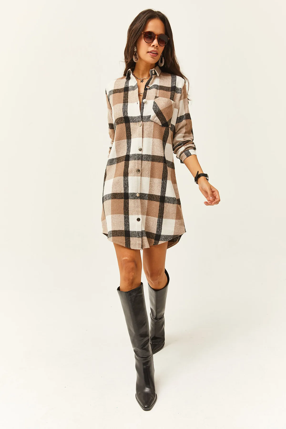 Olalook  Damen Schwarz Grau Lumberjack Dickes Plaid Tunika Kleid ELB-19000836