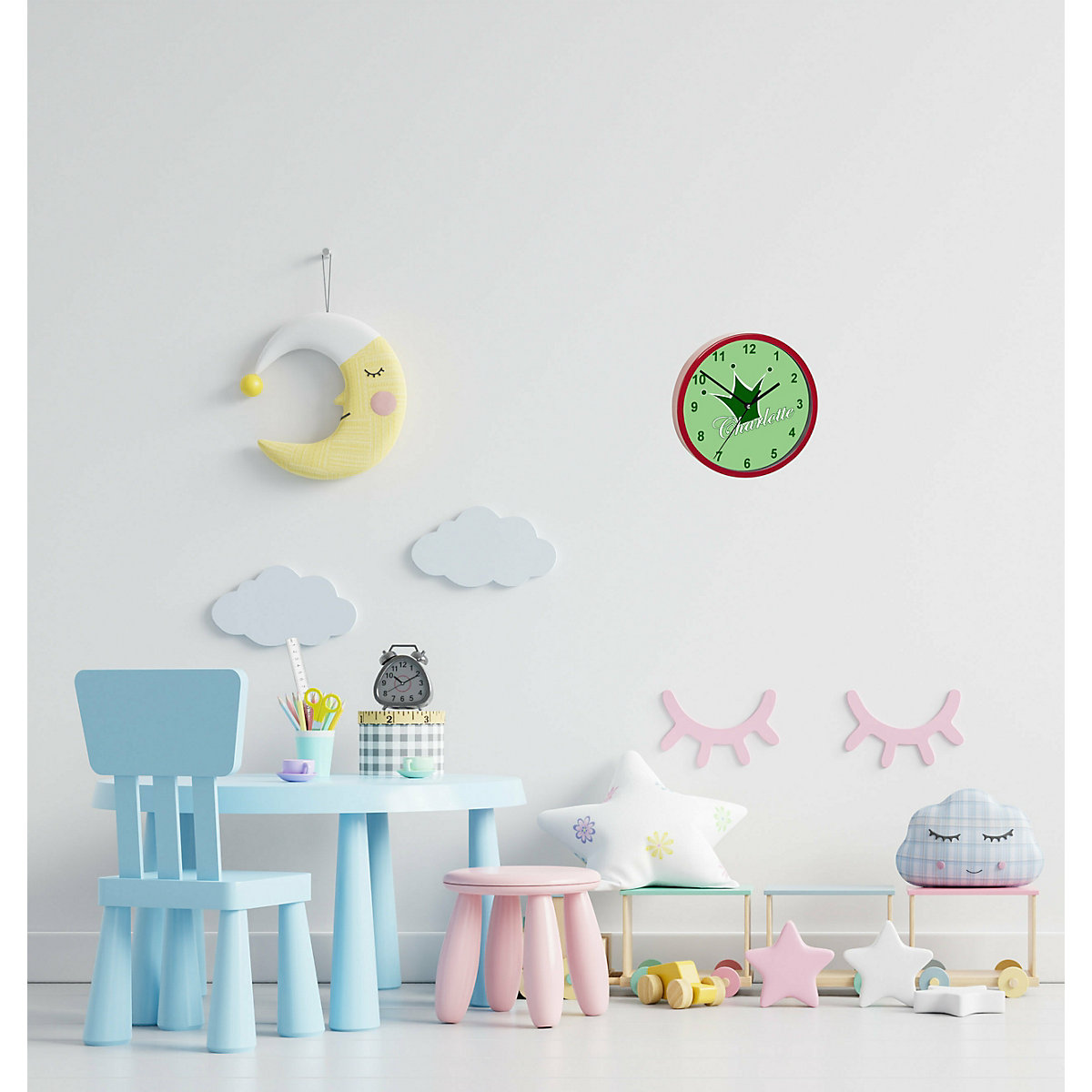 Kinder Wanduhr personalisiert mit Name Krone grün