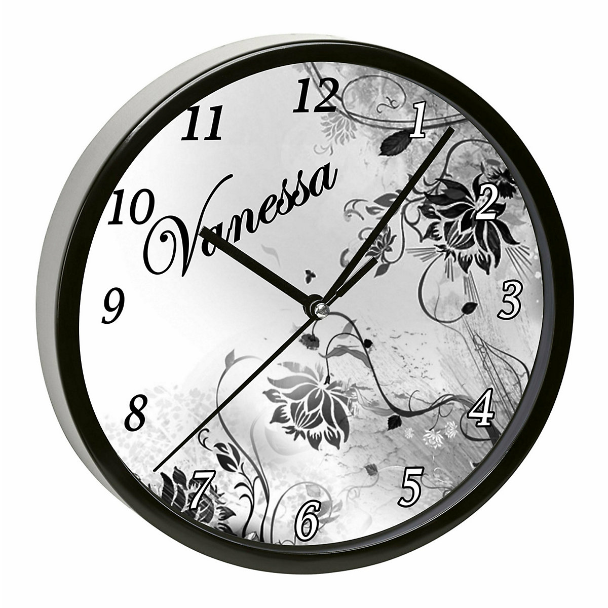 Kinder Wanduhr personalisiert mit Name Blumenranke Schwarz