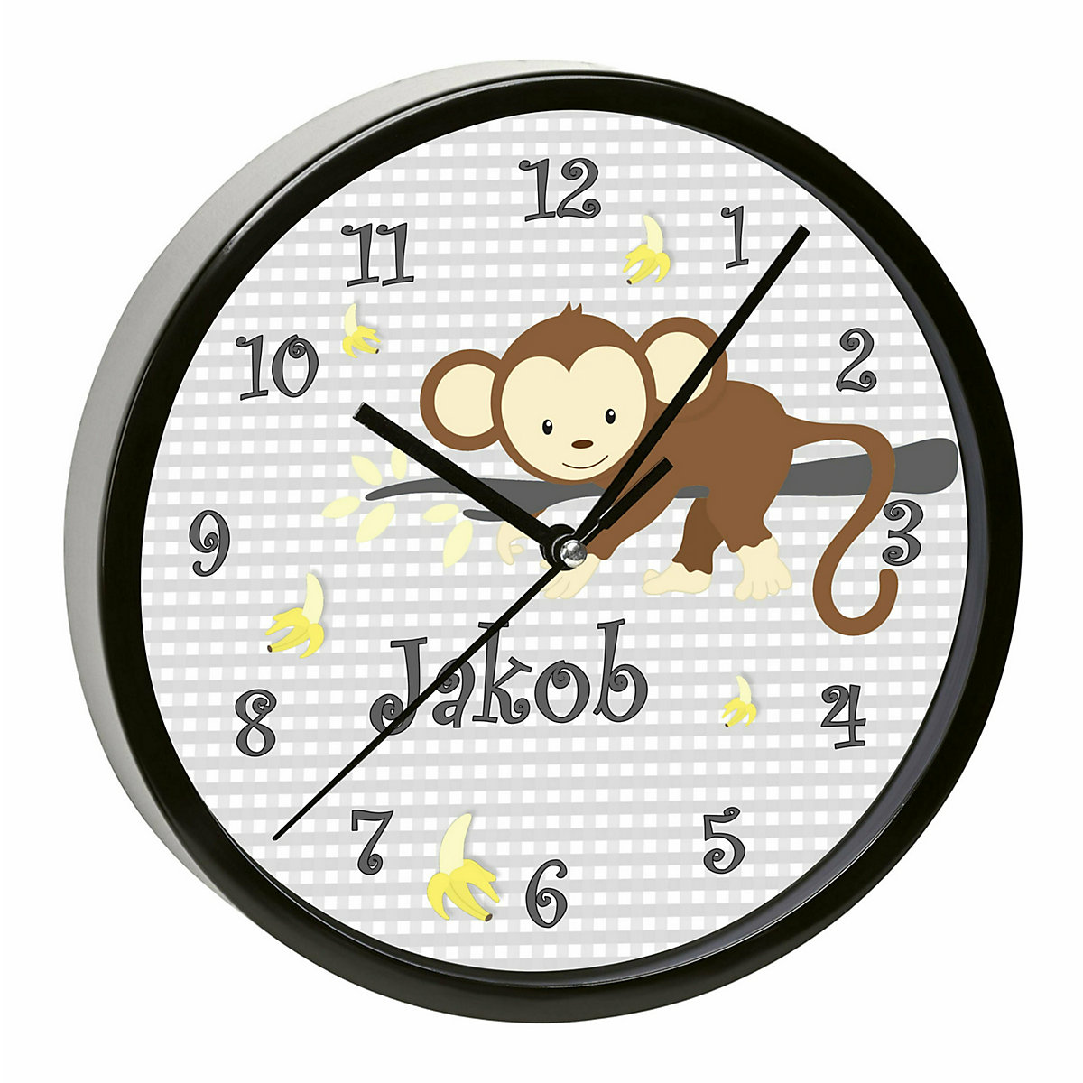 Kinder Wanduhr personalisiert mit Name Affe hängend Grau