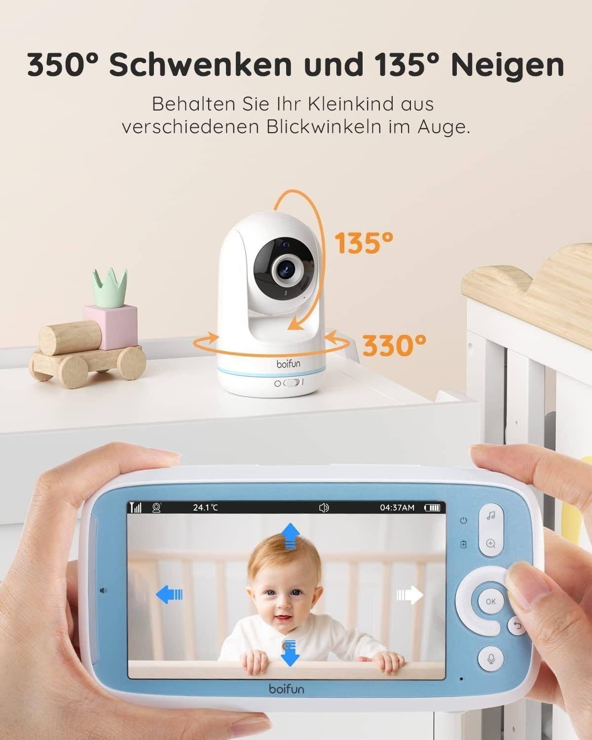 Boifun Babyphone 5'' 720P IPS Bildschirm intelligenter Kamera Babymonitor mit SD Karte, HD PTZ 330°/135°, 3×Zoom, VOX Funktion, Zwei-Wege-Audio Babyphone, Fütterungserinnerung,Lautstärke-LED,Kabellos Drehbare Kamera, 3050mAh Akku,Nachtsicht, Temperat