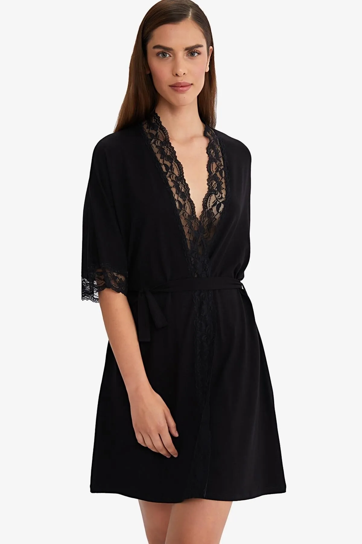 AYYILDIZ  59441 Schwarzes Morgenkleid aus gekämmter Baumwolle