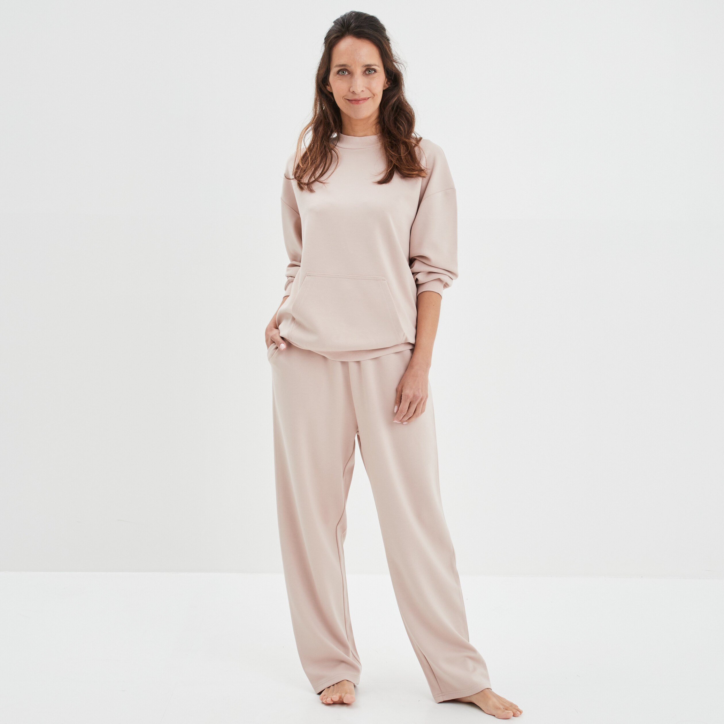 Haut de pyjama sweat col rond 1 poche taupe femme | La Halle