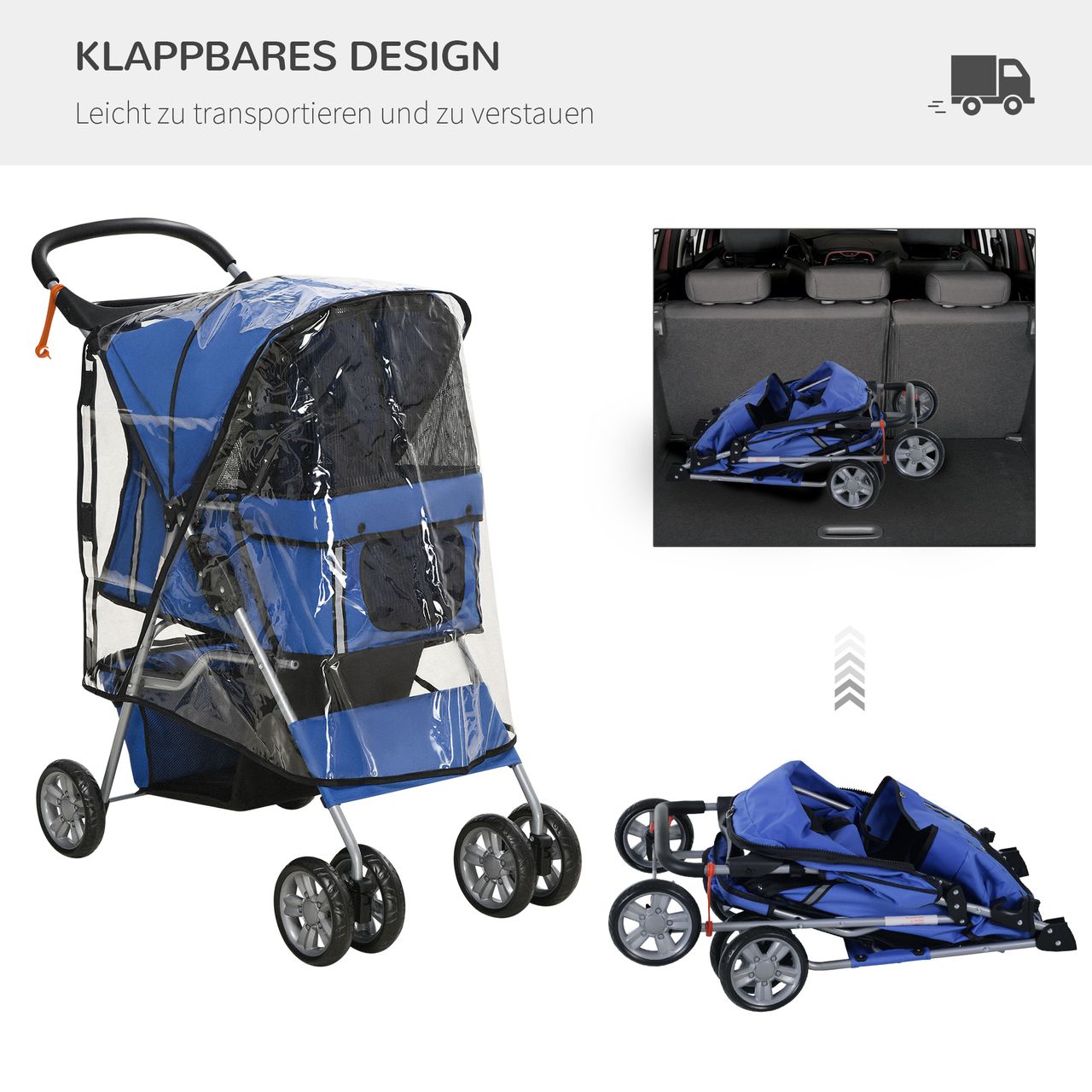PawHut Hundetrolley, faltbarer Hundebuggy, Hundewagen mit Regenverdeck, Blau