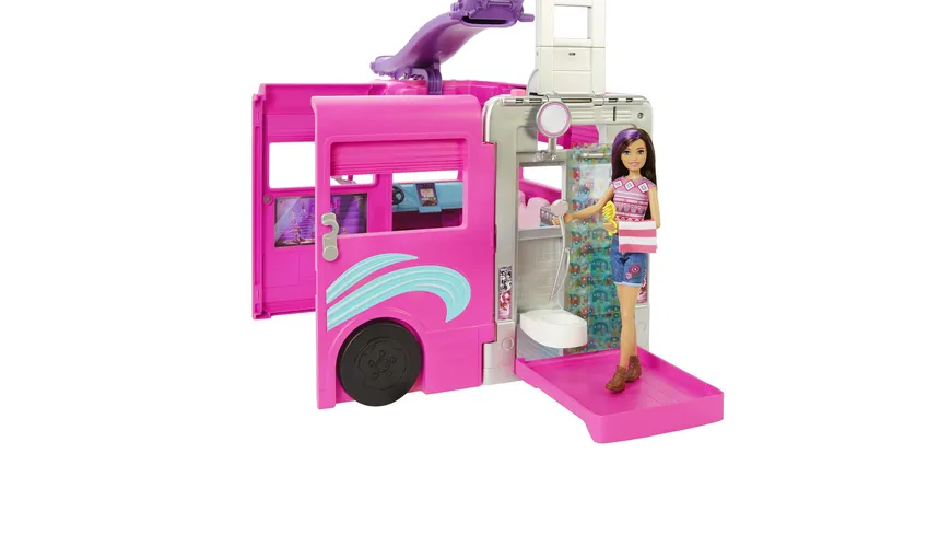 Barbie Super Abenteuer-Camper Fahrzeug, 76 cm groß mit Pool, Rutsche und über 60 Zubehörteilen