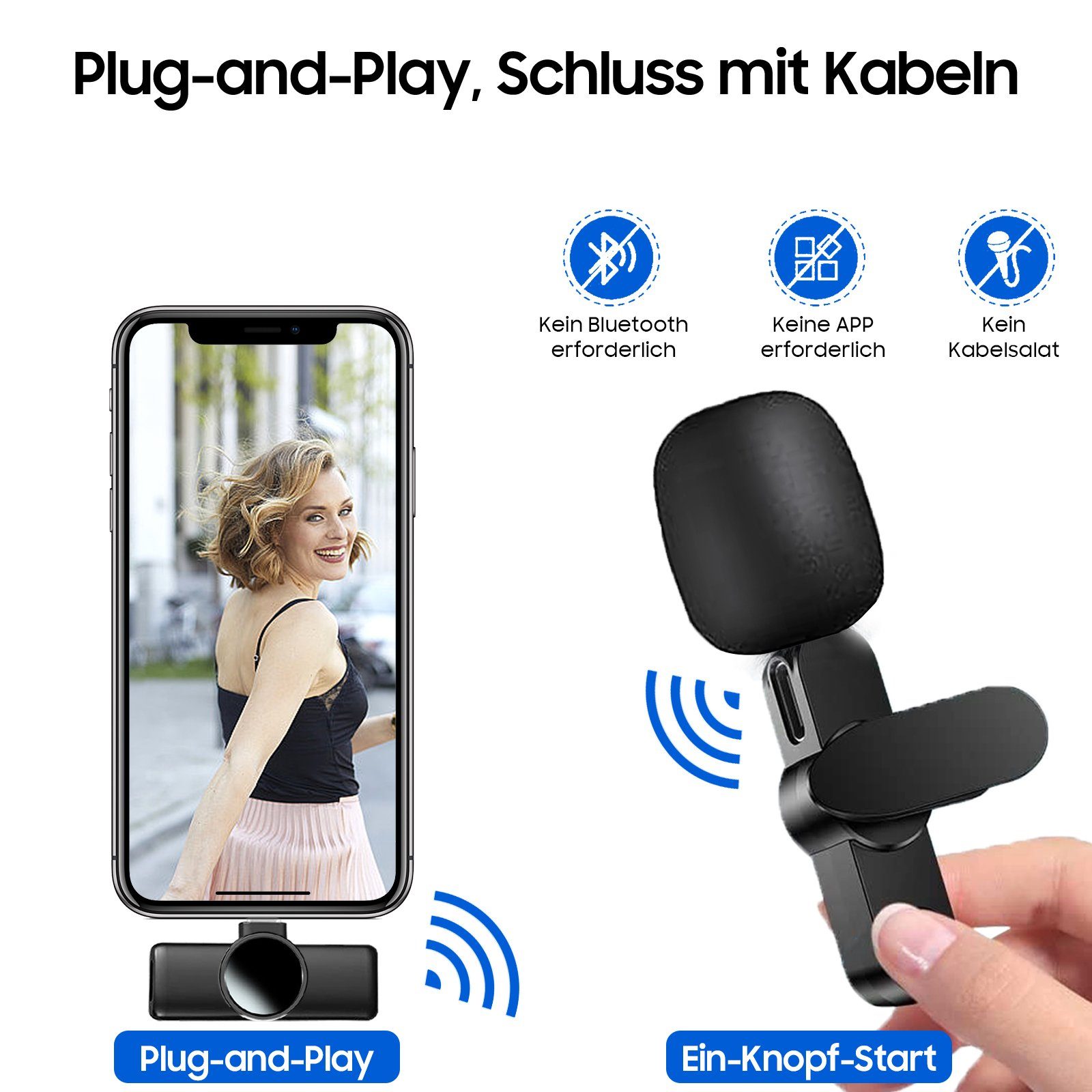 Aoucheni Mikrofon Kabelloses Lavalier Mikrofon für iPhone iPad Mackbook, (Set), Plug & Play für Vlog, TikTok, 2.4GHz, Akkulaufzeit 6 Stunden