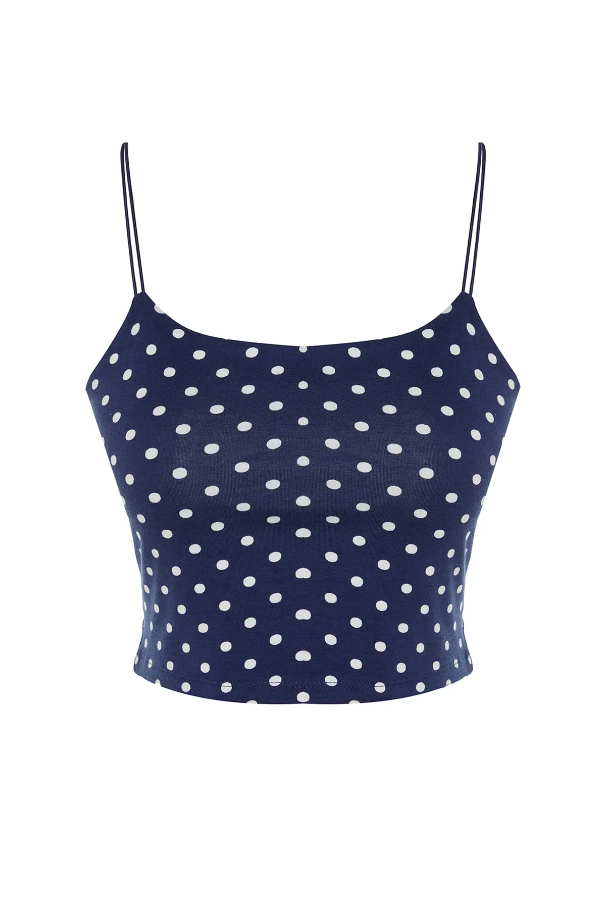 Trendyol Collection  Marineblaues, gepunktetes Baumwoll-Tanktop mit Spaghettiträgern, figurbetont/figurbetont, kurzes Stretch-Strick-Tanktop TWOSS20AL0006