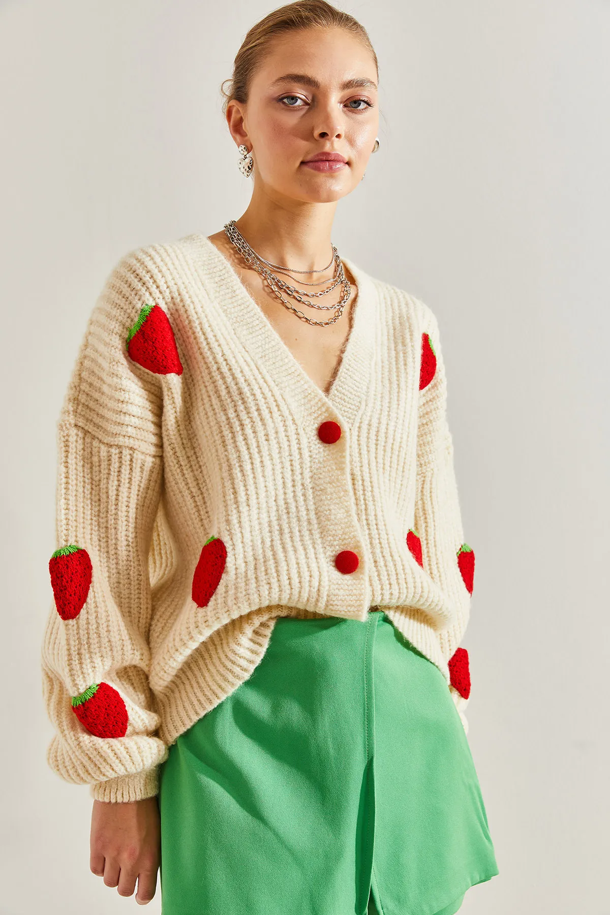 Bianco Lucci  Erdbeer-Strickjacke für Damen mit Knöpfen