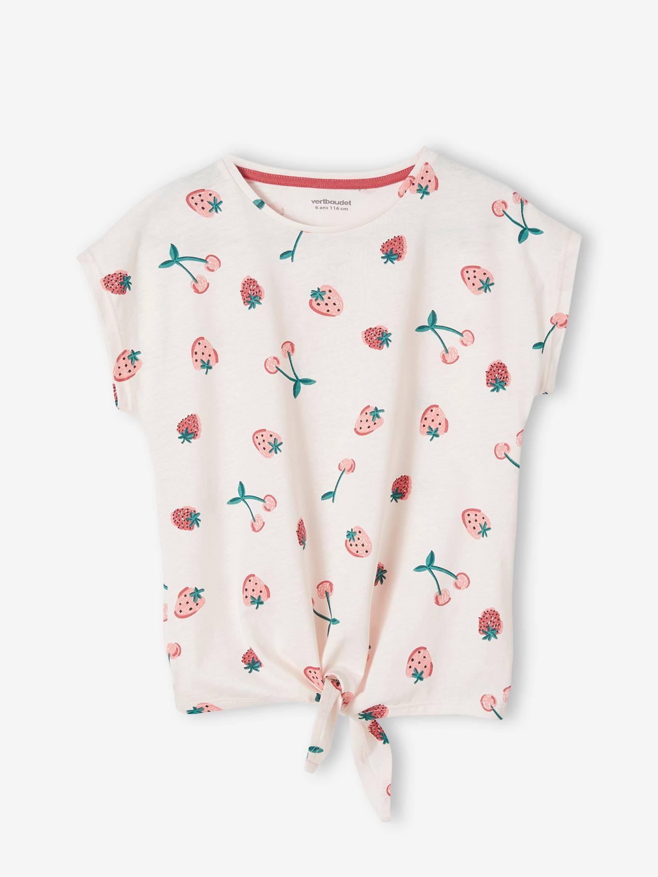 T-shirt imprimé fille avec noeud fantaisie blanc / rouge