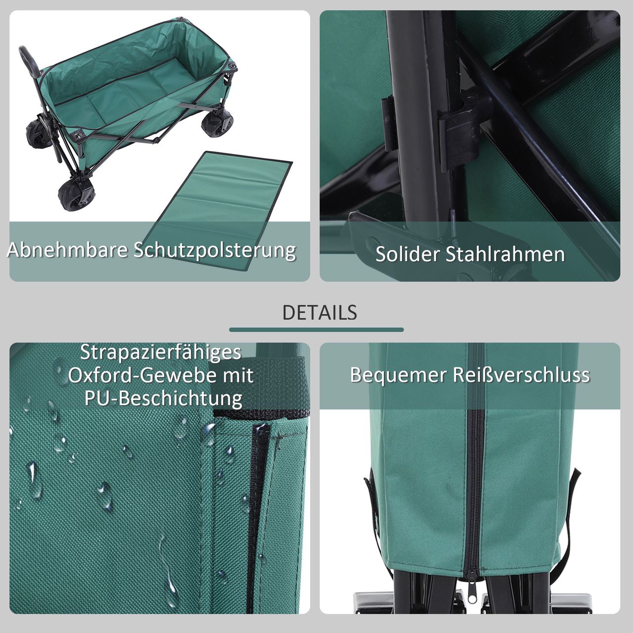 Outsunny Bollerwagen Faltbarer Handwagen 360° Gartenwagen Transportwagen mit Teleskop Griff Verstellbarer Griffhöhe Strandwagen bis 20 kg Tragkraft Metall Oxford Grün 108 x 53 x 59-89 cm