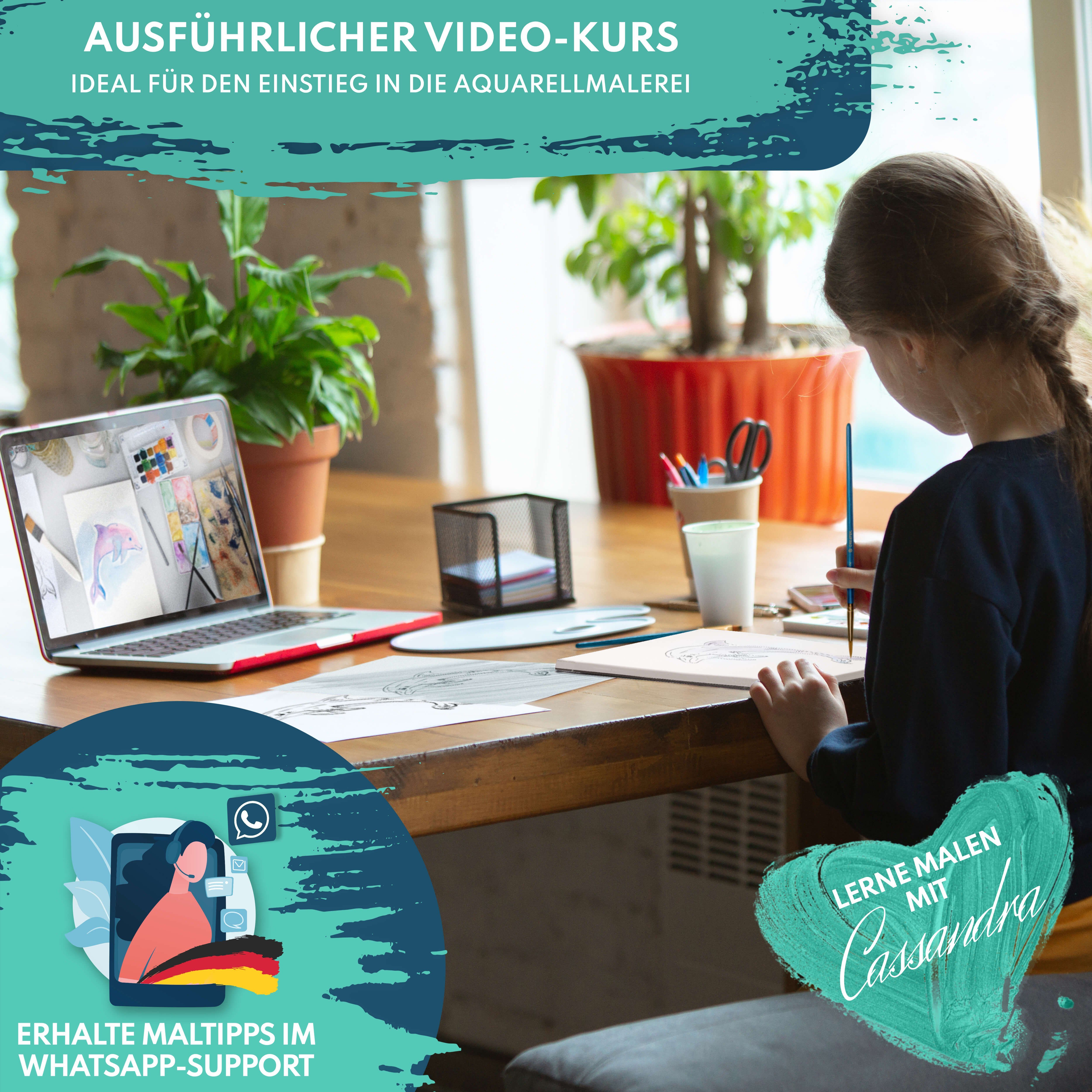 CreaTek Aquarellpapier 300g diverse Größen - Premium Qualität inkl. Pinsel & Bleistift uvm., 2 STUNDEN VIDEOKURS + 400 MALVORLAGEN