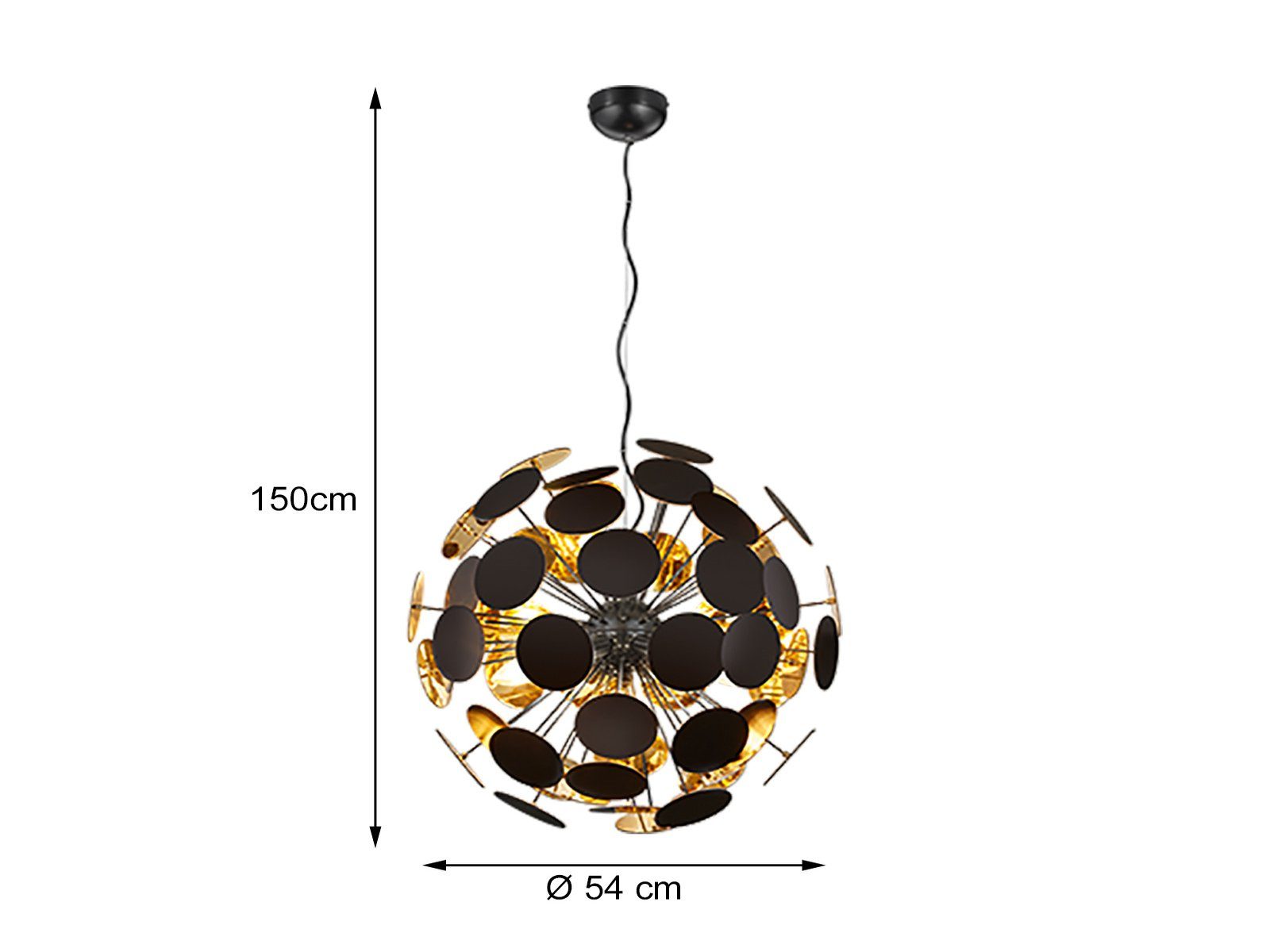 meineWunschleuchte LED Pendelleuchte, Mitgelieferte Leuchtmittel extern über Hausinstallation dimmbar, LED wechselbar, Warmweiß, große Design-er Kugel-lampe hängend über Esstisch, Schwarz Gold Ø 54cm