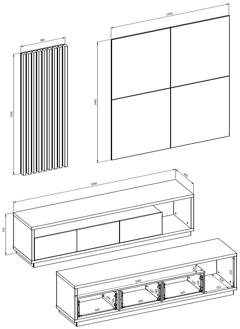 Helvetia Wohnwand Celine, 3-teiliges Wohnzimmer Set 200x45x196cm wotan eiche / schwarz matt