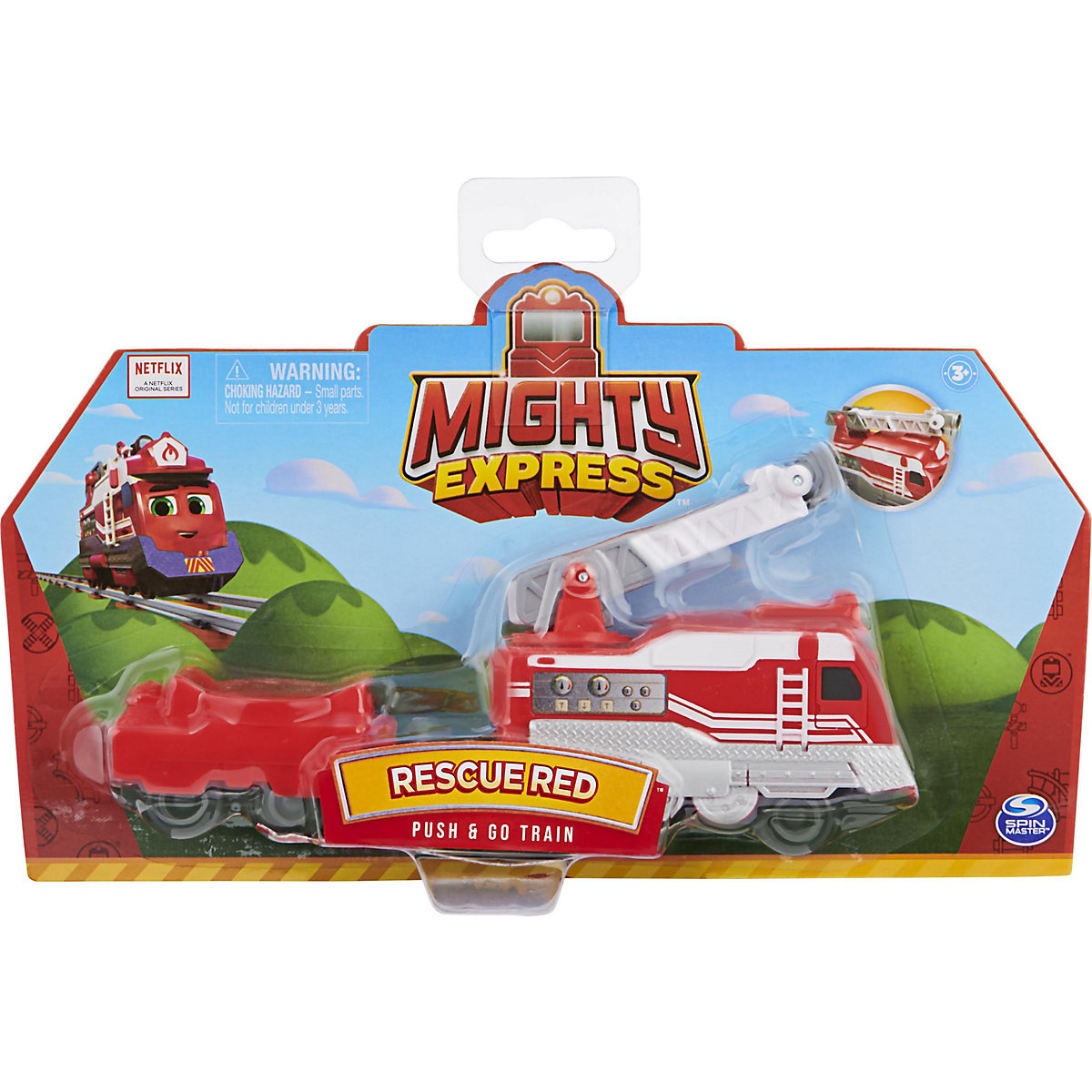 Mighty Express Push-and-Go Zug Roter Retter mit Güterwaggon