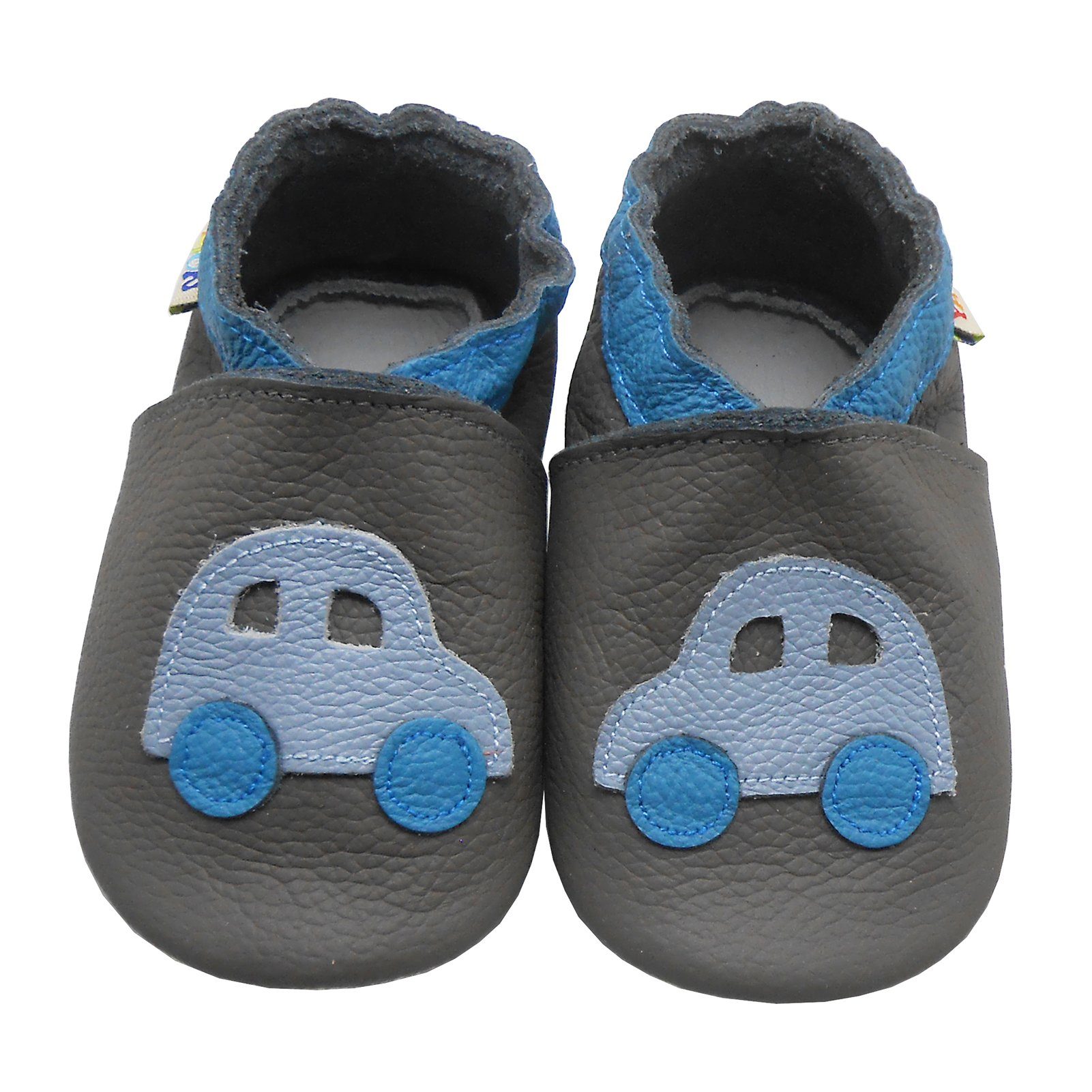Yalion Weiche Leder Lauflernschuhe Hausschuhe Lederpuschen Auto Dunkelblau Krabbelschuh