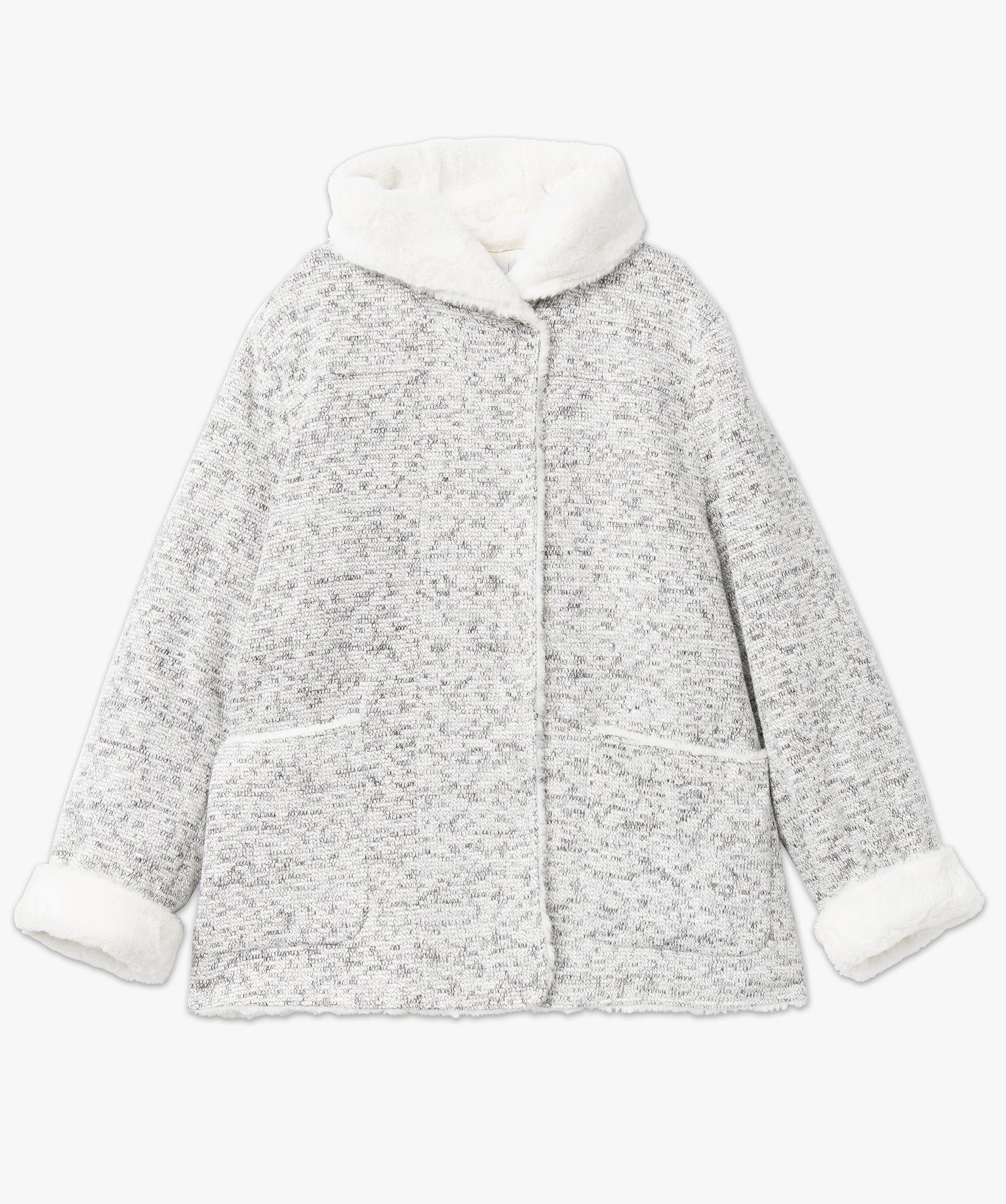 Manteau en maille bouclette et détails duveteux femme grand... gris clair | GEMO