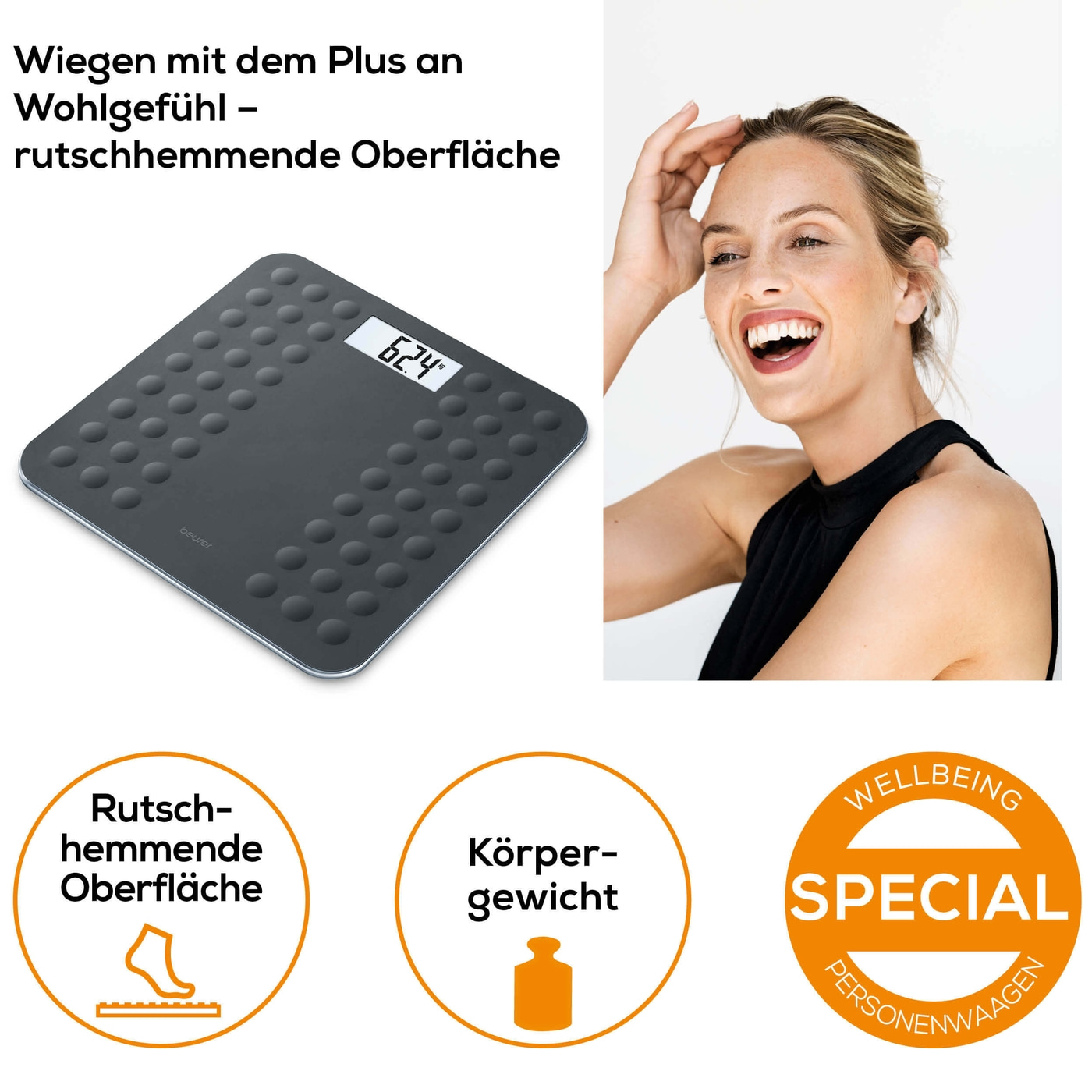 Beurer Glaswaage - GS 300 Black-Personenwaage aus Glas mit Silikonoberfläche - bis 180 kg