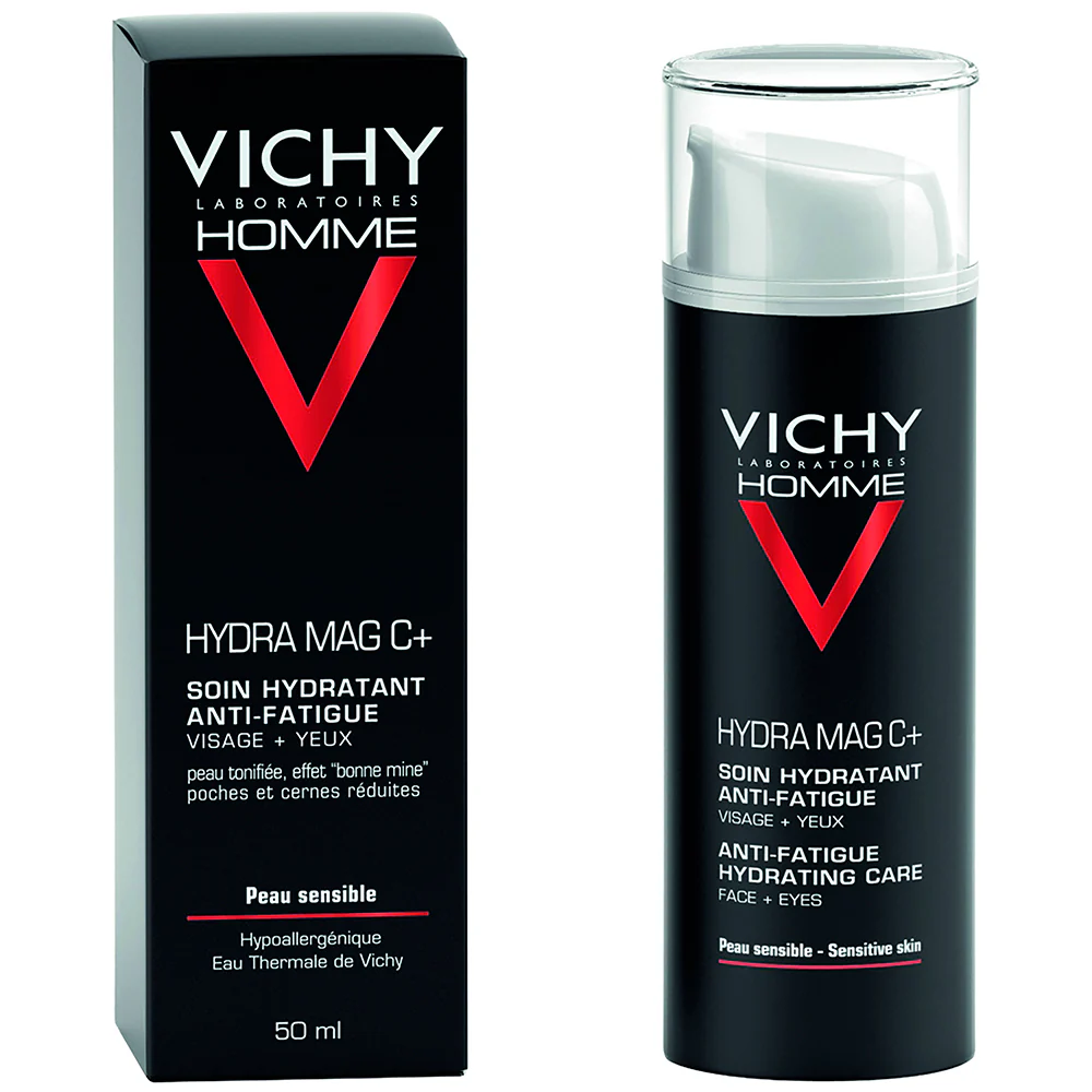 Vichy Homme Hydra Mag C + mitrinošs līdzeklis pret nogurumu sejai un acīm - ikdienas sejas krēms, līdzeklis pret maisiņiem un tumšajiem lokiem zem acīm.