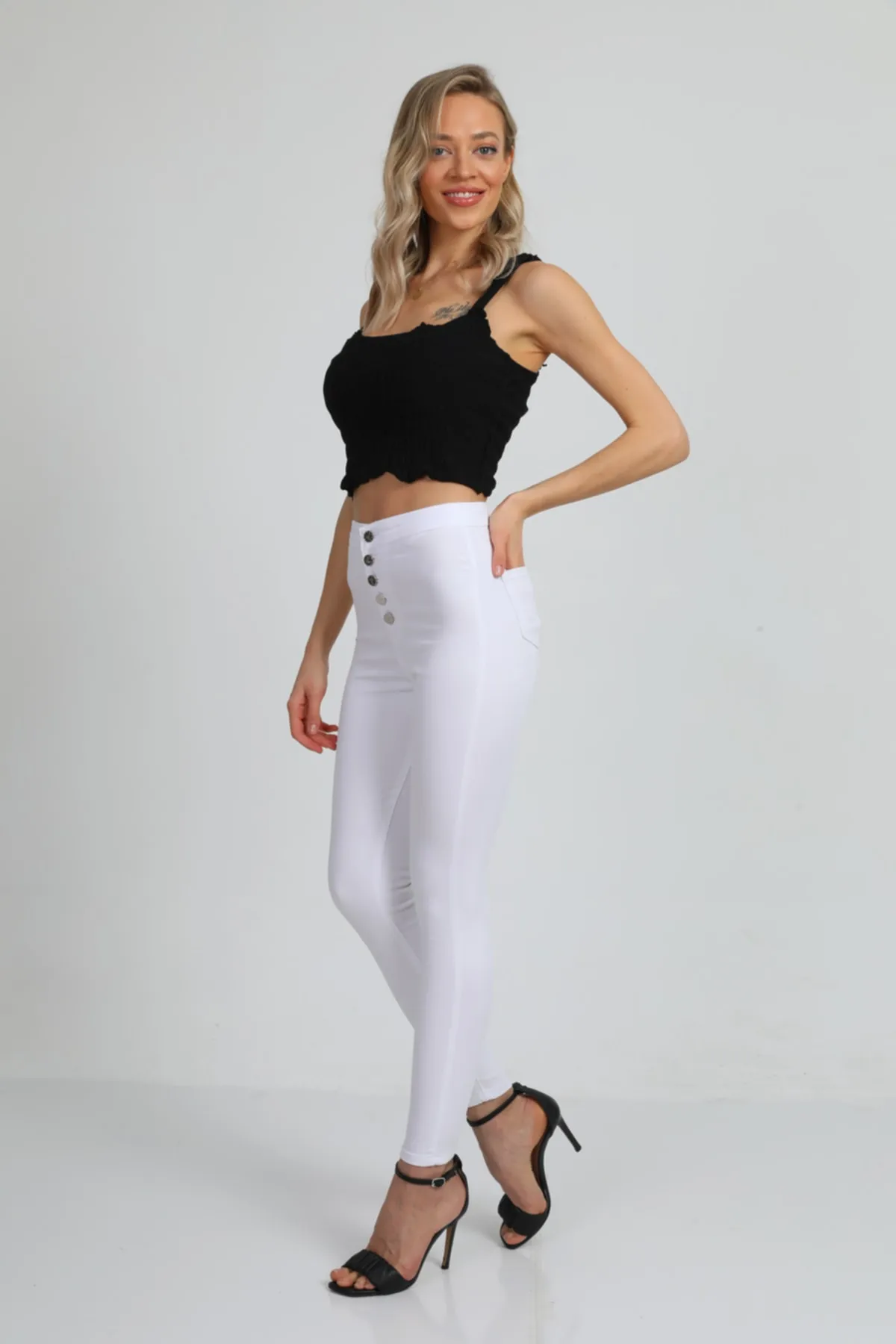 BİKELİFE  Weiße Damen-Leggings mit hoher Taille und schmalem Bein und Knöpfen