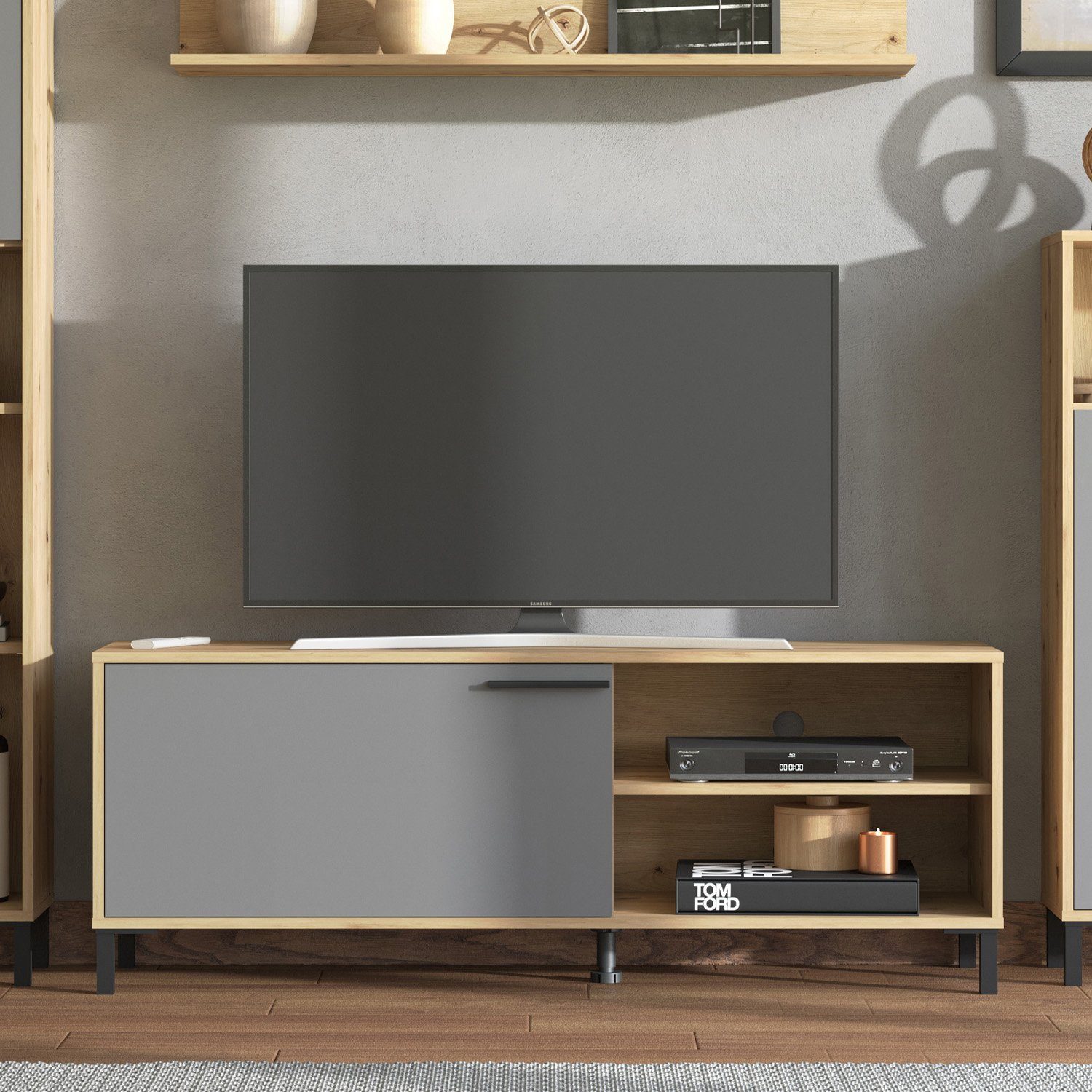 Homestyle4u Wohnwand Schrankwand 4 tlg. Anbauwand Weiß Grau, (4-St)