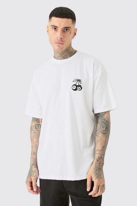 Tall weißes Oversize T-Shirt mit Würfeln und Kirsch-Stickerei