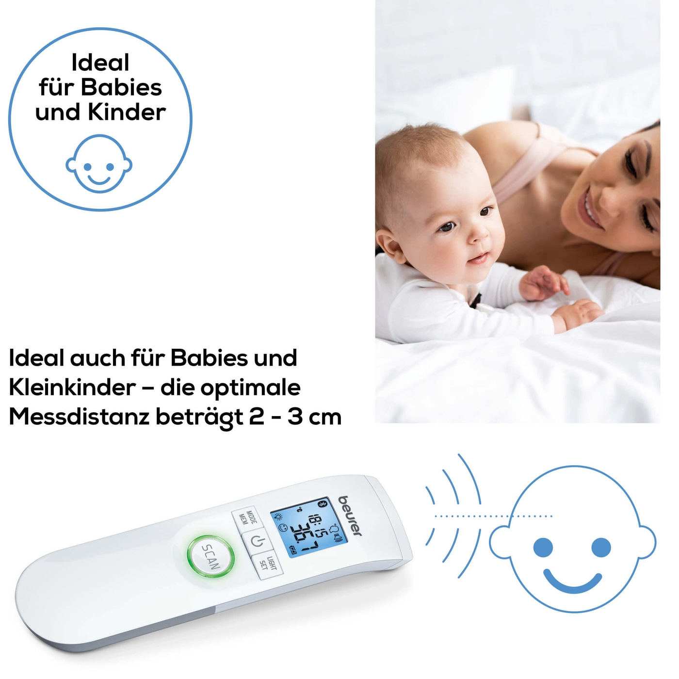 Beurer kontaktloses Thermometer FT 95 <i>Bluetooth</i>®-Fieberthermometer kontaktlos mit Anbindung an HealthManager & BabyCare App