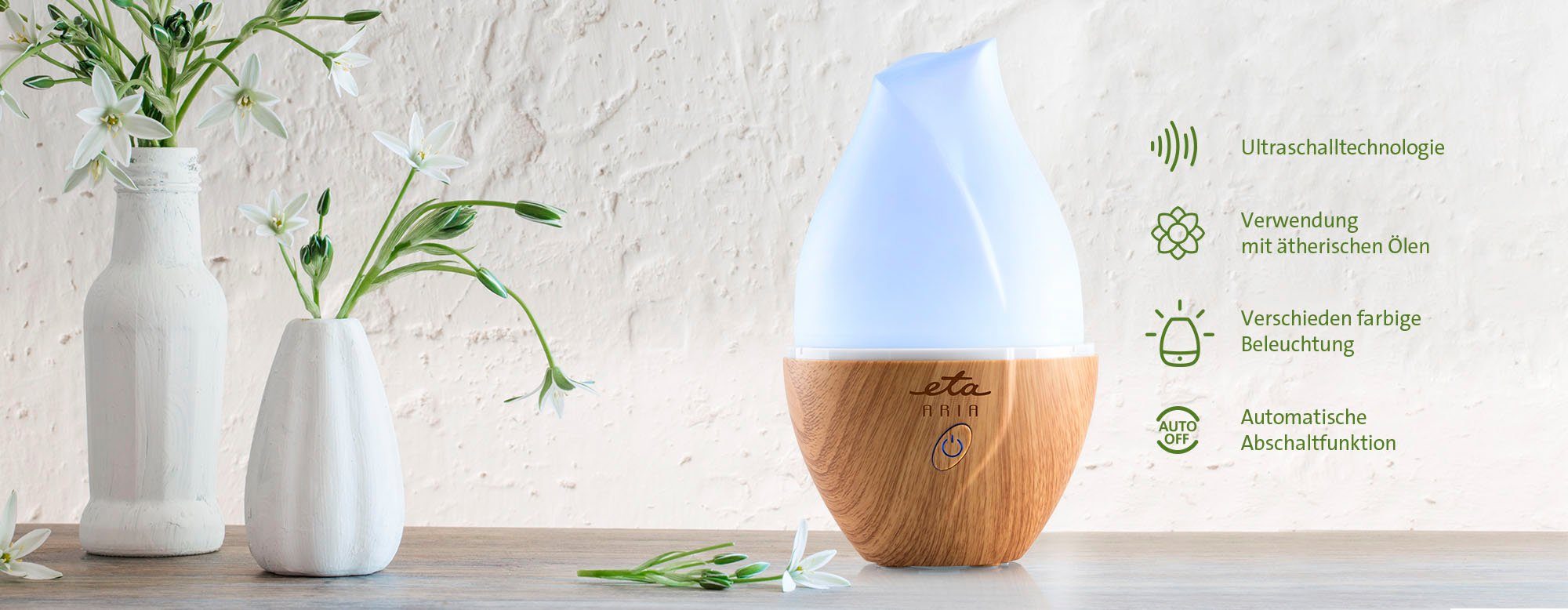 eta Diffuser ARIA ETA463490000 Aroma Diffuser, 0,6 l Wassertank, Ultraschall-Technologie, für Räume bis 25 m²