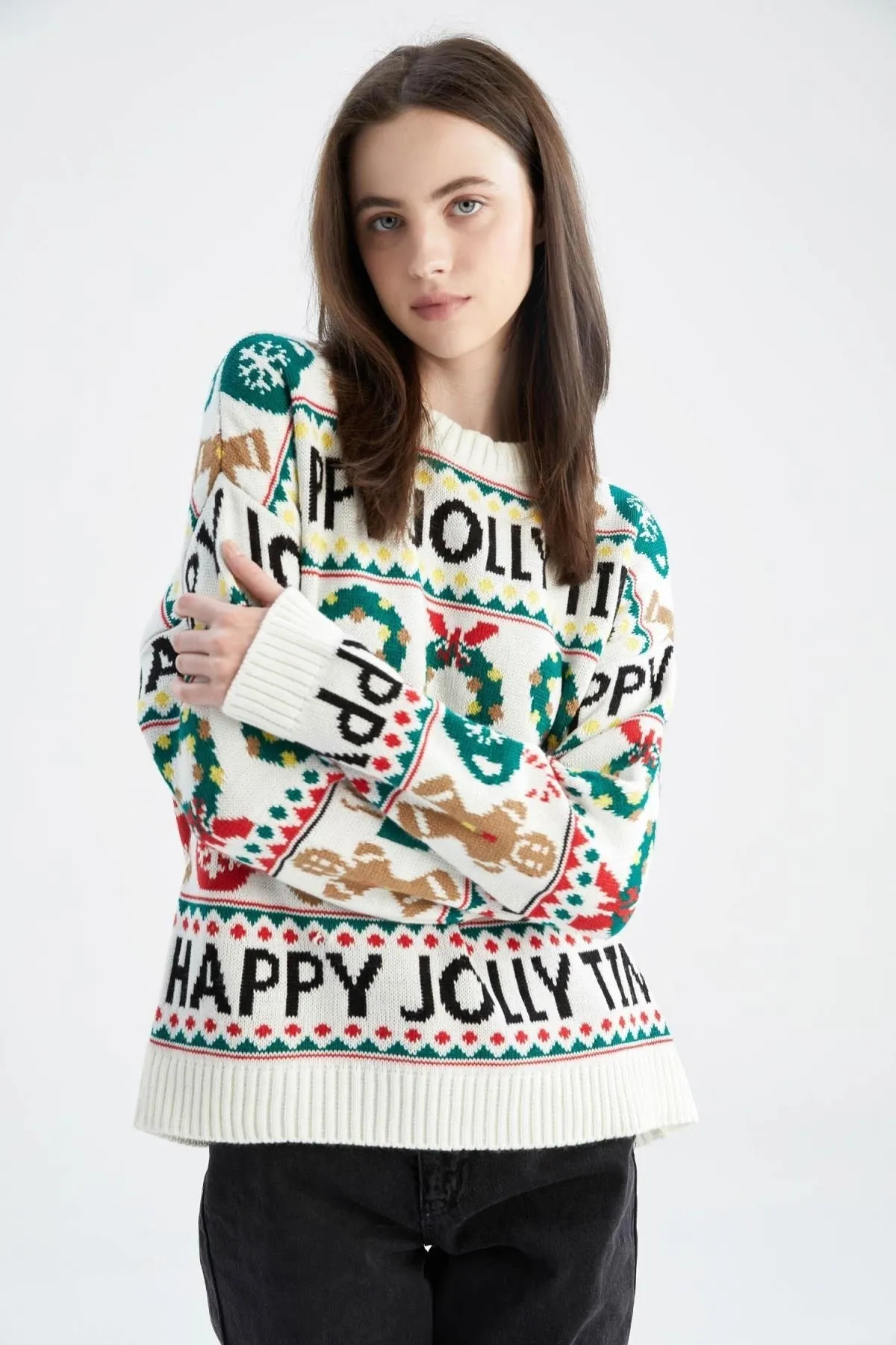 DeFacto  Schulterfreier Pullover mit Silvestermotiv