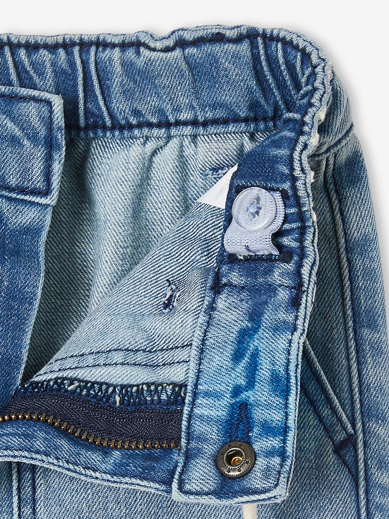 Jean droit loose effet patchs garçon denim bleached