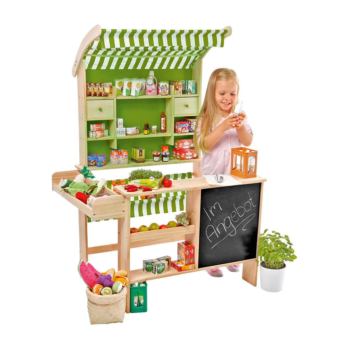 großer Biomarkt aus Holz mit 40 Miniaturverpackungen, Kaufladen