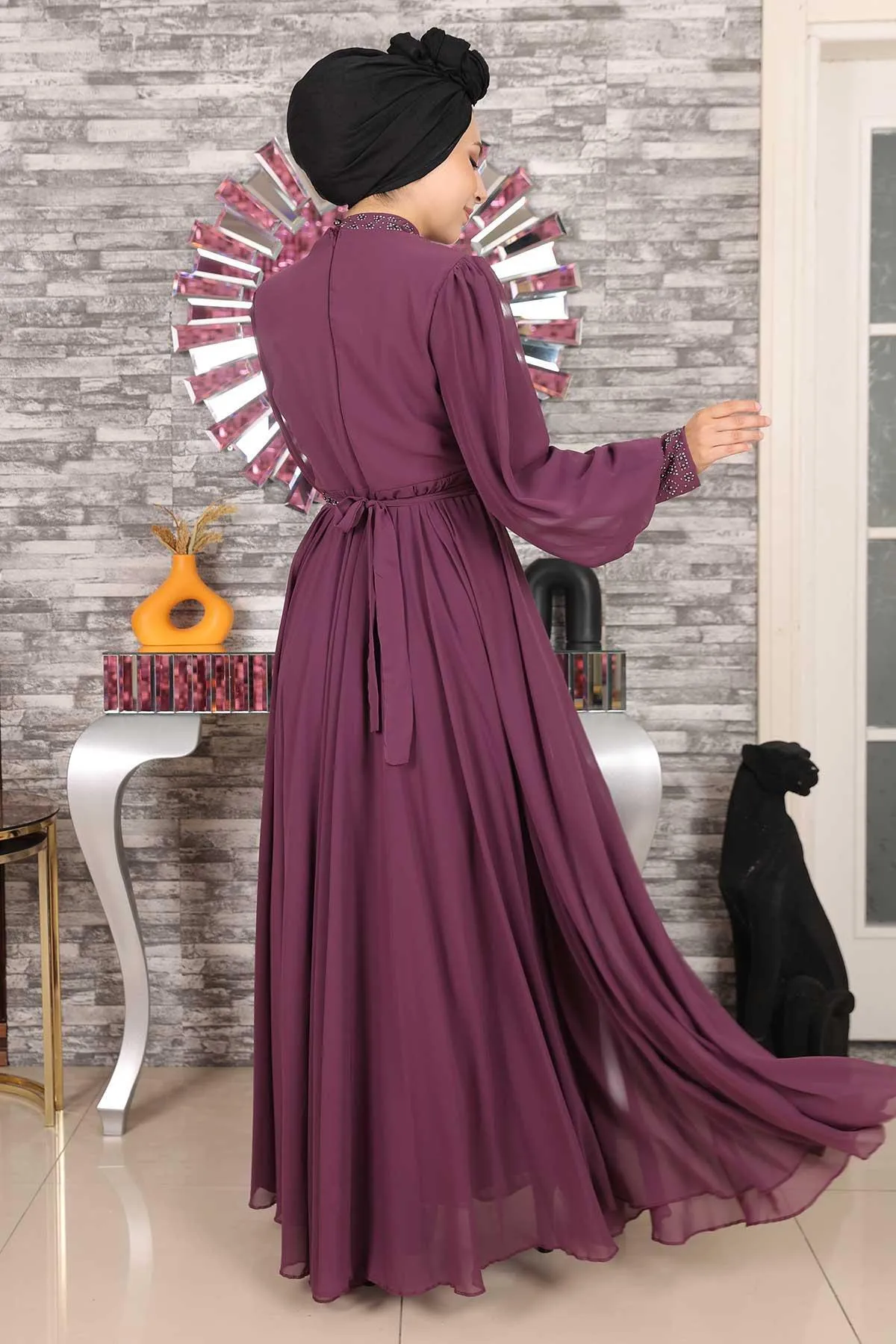 Modamihram  Steindetailliertes Chiffon-Abendkleid Pflaume 19109