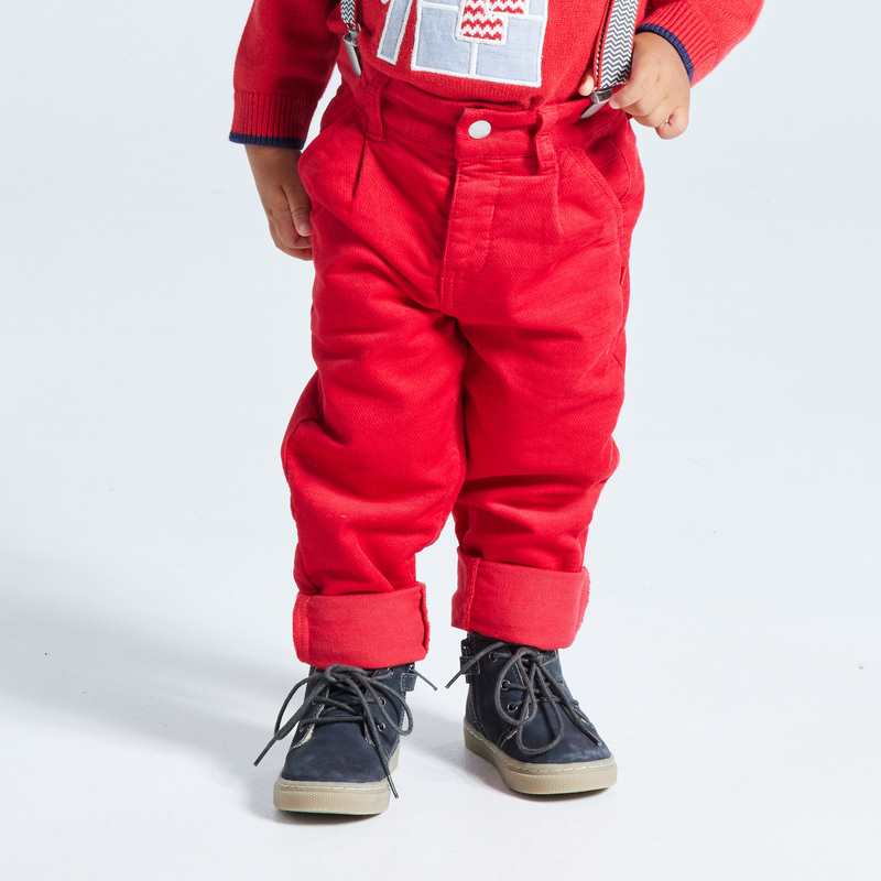 Pantalon velours fantaisie à bretelles rouge bébé garçon