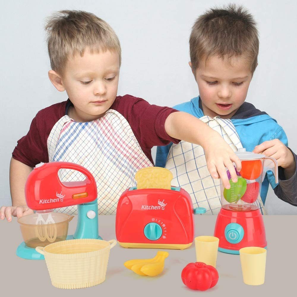 LBLA Lernspielzeug Spielküche Küchenspielzeug für Kinder, Weihnachtsgeschenk (mit Mixer, Entsafter, Toaster, Obst, Brot, Tassen und Korb, 1 Set), Kinderküche Rollenspiele Pädagogisches Spielzeug Geschenk
