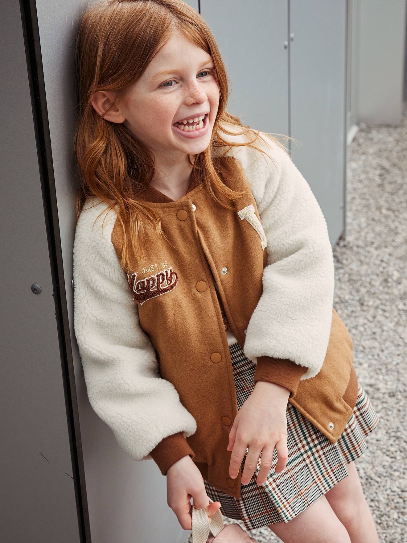 Blouson teddy en lainage et sherpa fille animation en bouclettes camel