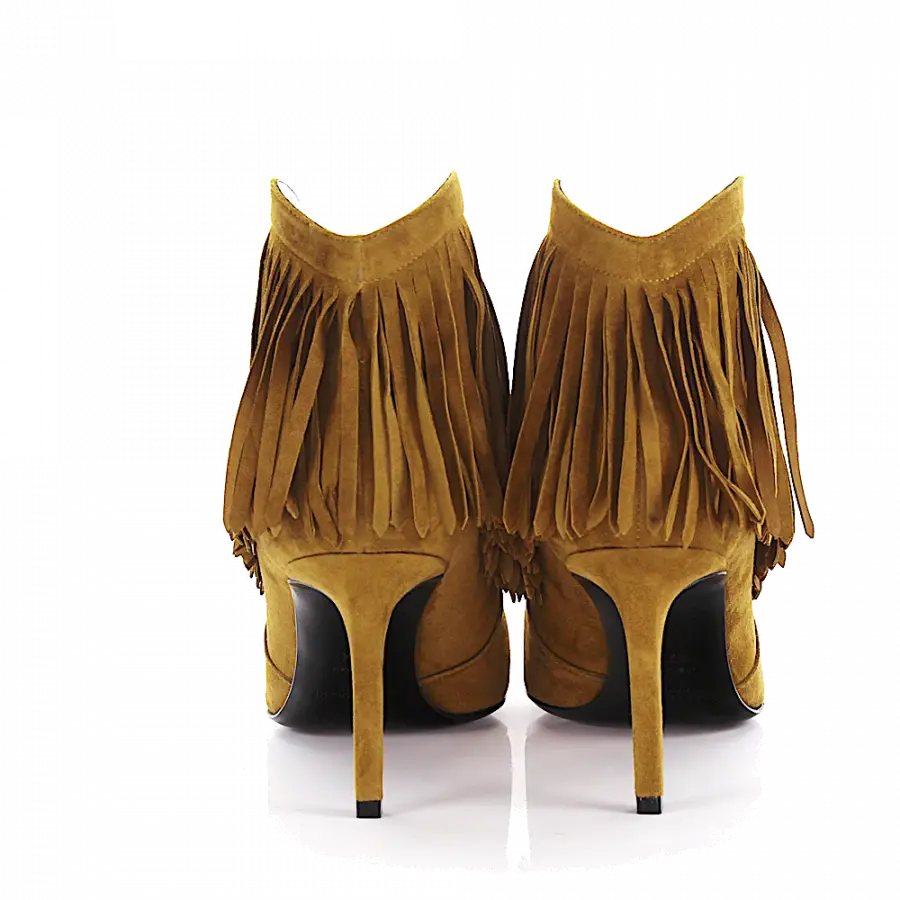 Saint Laurent - High Heels Stiefeletten Veloursleder Fransen beige - beige