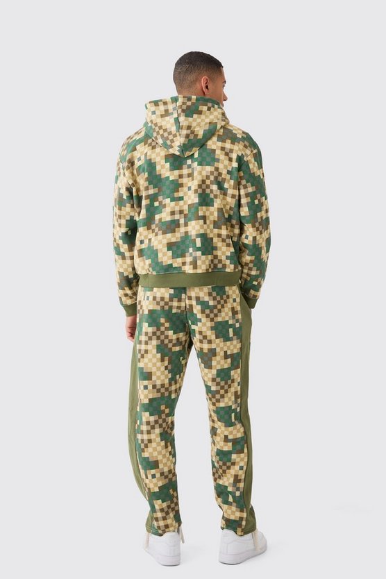 Kastiger Oversize Camouflage Hoodie-Trainingsanzug mit Reißverschluss