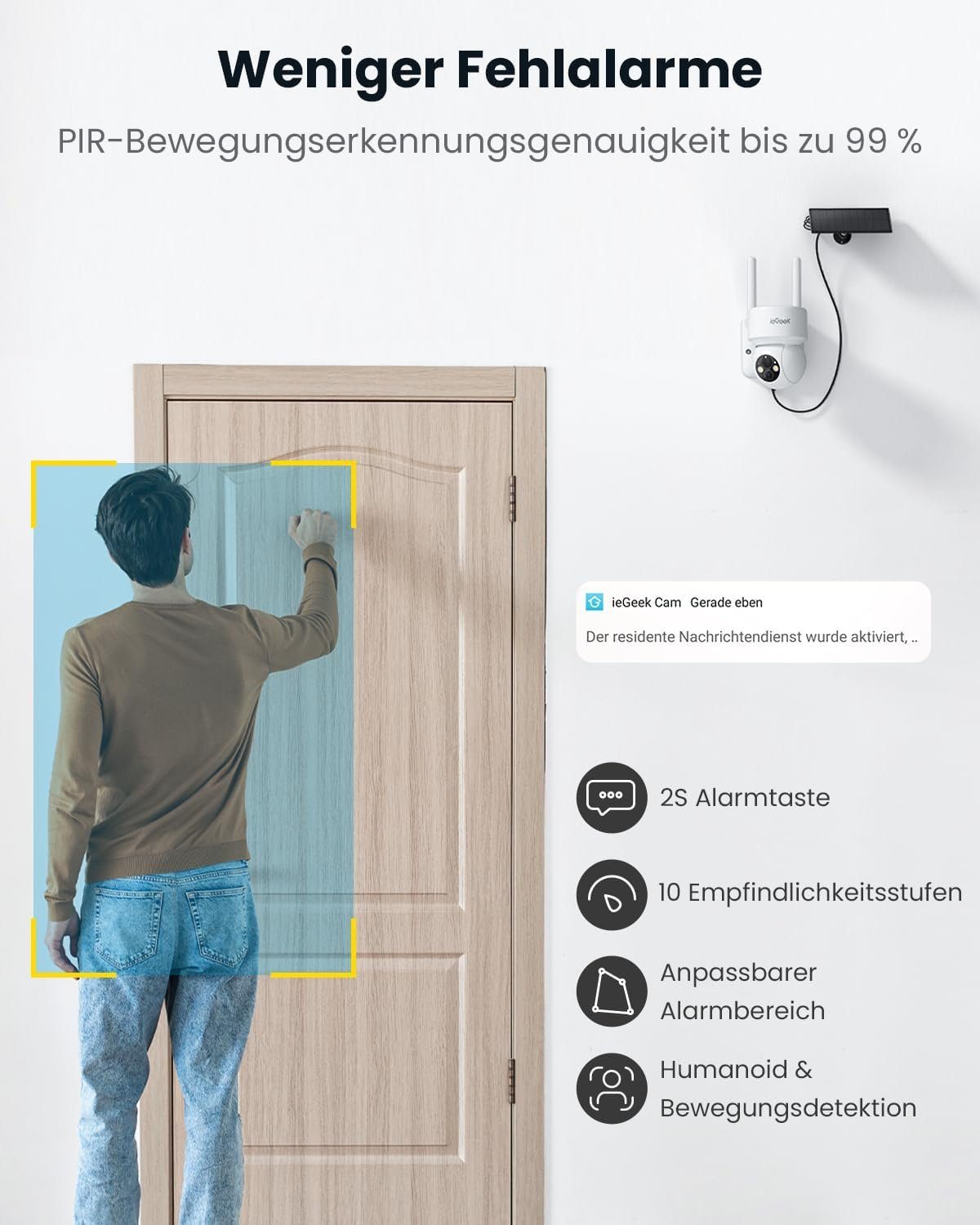 ieGeek 2K Solar Überwachungskamera Aussen akku 360° Pan Tilt Kamera WLAN IP66 Überwachungskamera (AuBenbereich, 4dBi Dual WiFi Antennas,Eingestellten Bereich,Empfindlichkeit 1-10,Erkennungszeit einstellen,Multigerät online,Multi-User-Unterstützung, L