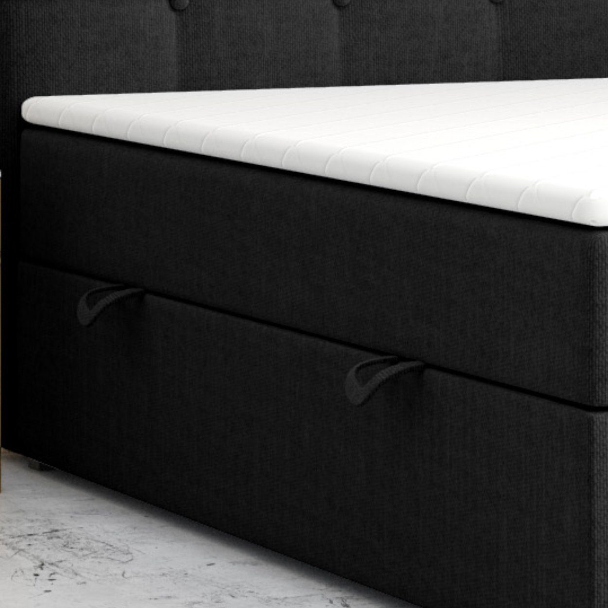 Möbel Punkt Boxspringbett Prag Grau Schwarz mit VISCO TOPPER (180 x 200 cm), mit Bettkasten, Chesterfield - Optik, inkl. Topper