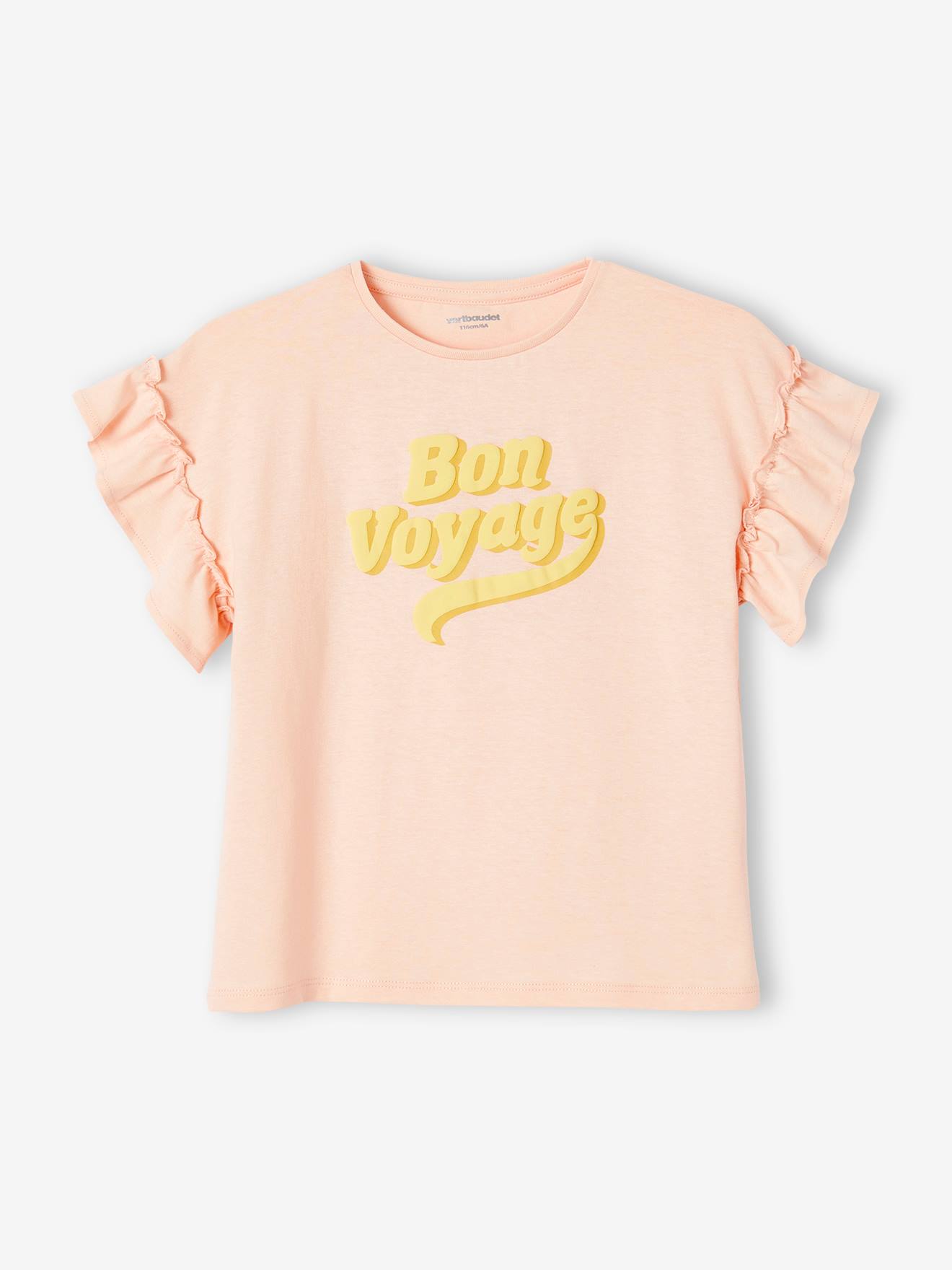 T-shirt à message en encre gonflante fille manches courtes volantées rose pâle