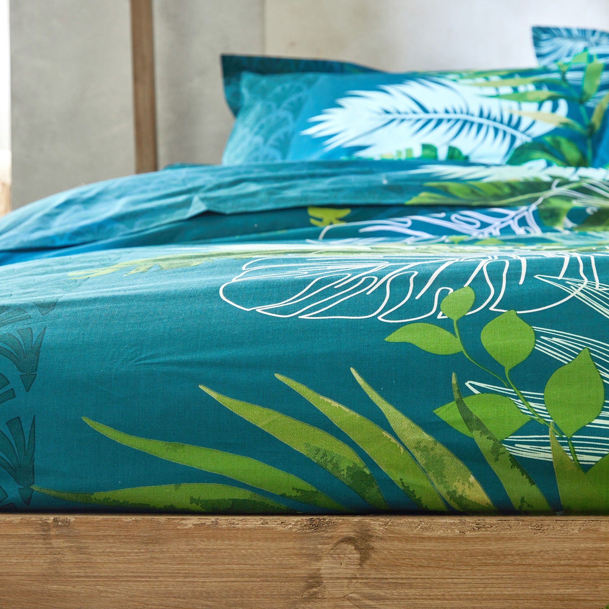 Linge de lit Cayenne en coton imprimé feuilles de palmiers