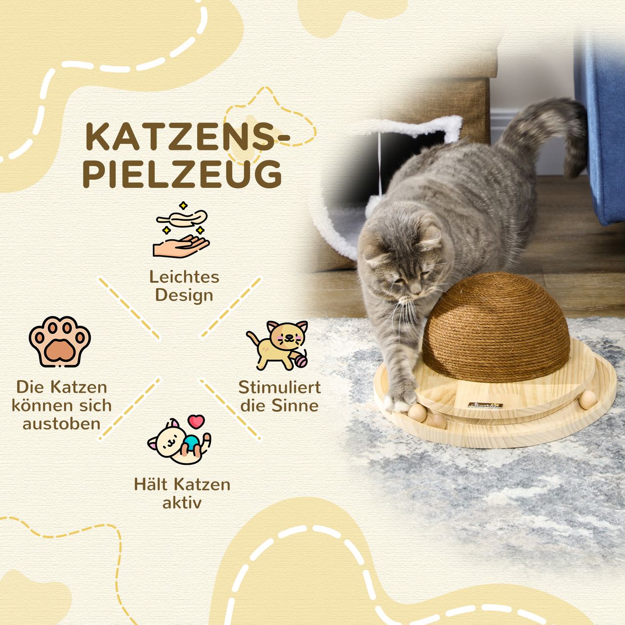 PawHut Interaktives Katzenspielzeug, 2-in-1-Design, Kratzspielzeug, Kiefernholz
