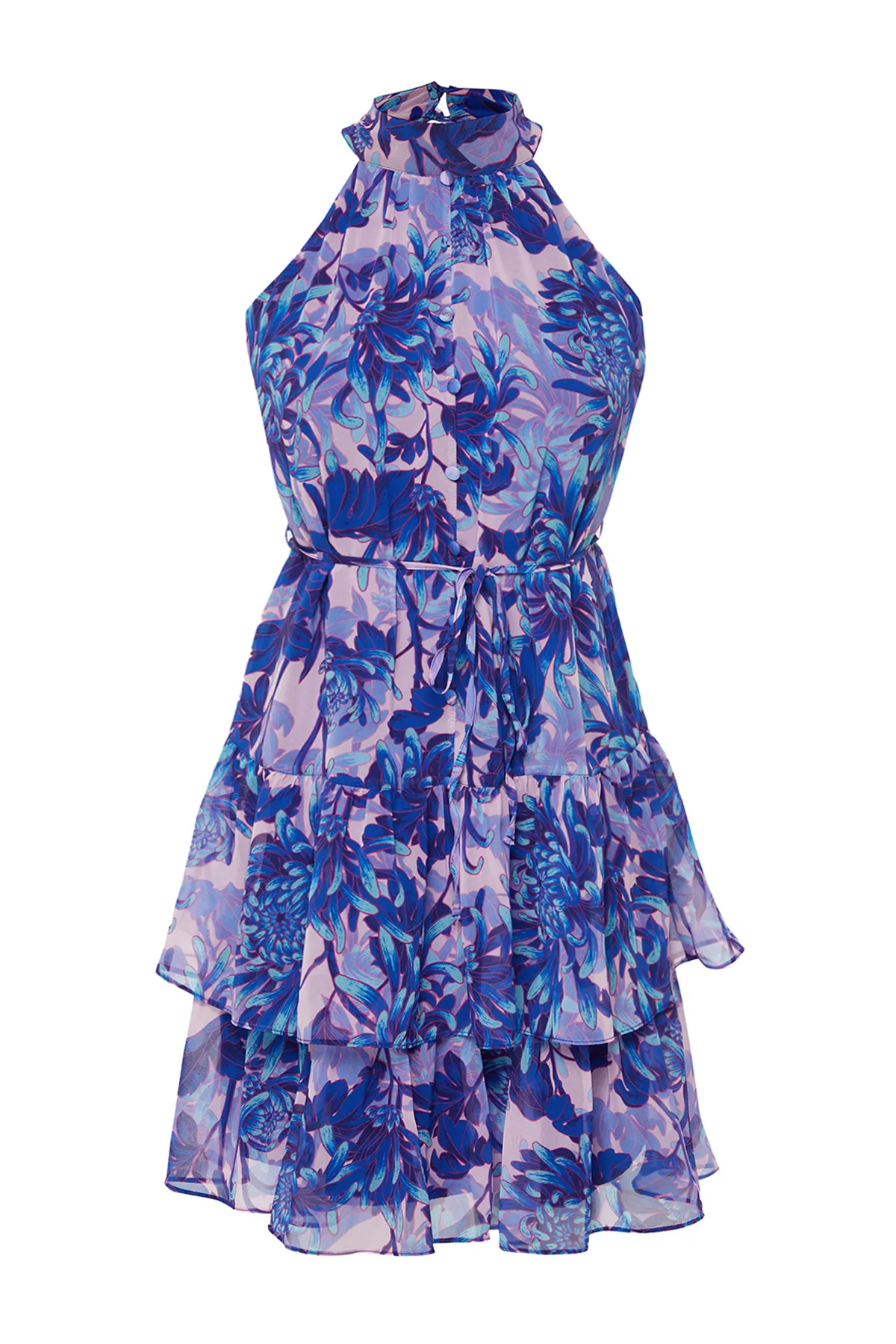 Trendyol Collection  Blaues, mehrlagiges A-Linien-/Glockenform-Minikleid mit Futter aus Webstoff TWOSS23EL02056