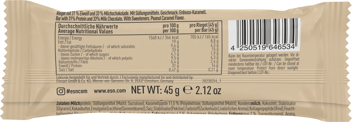Proteinriegel Designer Bar, Peanut Caramel Geschmack, 45 g