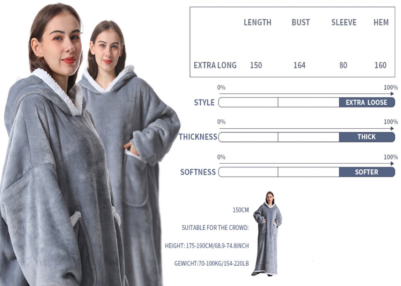 Wohndecke Hoodie Decke winter mit Ärmeln und Kapuze tragbare blanket sweatshirt, vokarala, Super Weich und bequem Flanell Damen Kapuzenpullover
