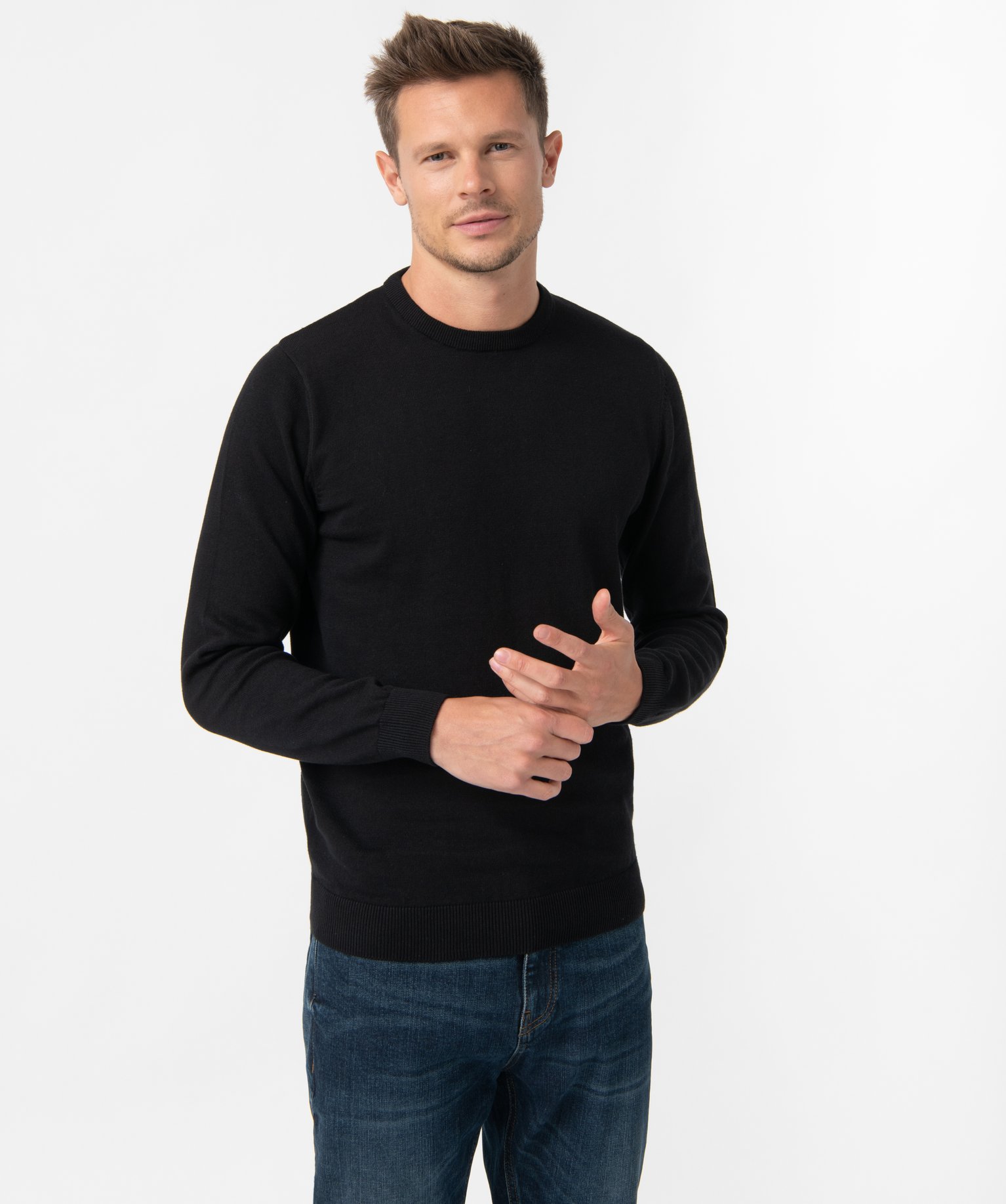 Pull homme à col rond en coton noir | GEMO
