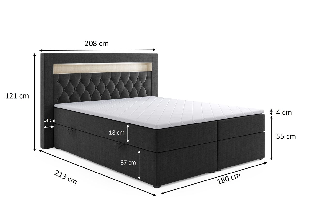 Möbel Punkt Boxspringbett DENVER mit LED und Bettkasten 180 x 200 cm Webstoff Anthrazit Bett Bettkasten