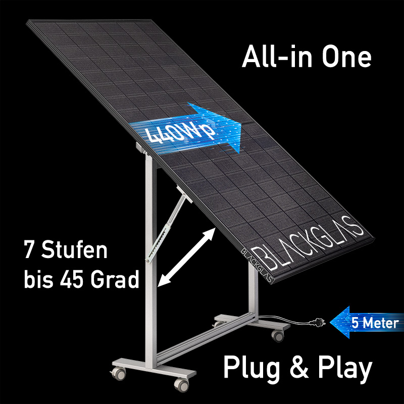 BLACKGLAS SolarScreen ECOmirrorPRO-440Wp-FBGG Hochformat, Bifacial, 7-stufig verstellbar, mit Rollen, BKW