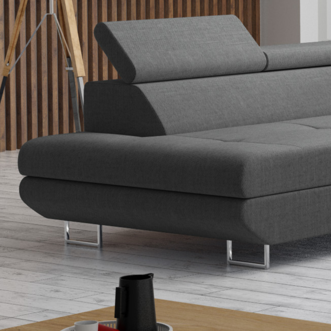 Möbel Punkt Wohnlandschaft U–Form Ecksofa Monaco Webstoff Grau mit Bett Bettkasten Kopfteilverstellung Bigsofa