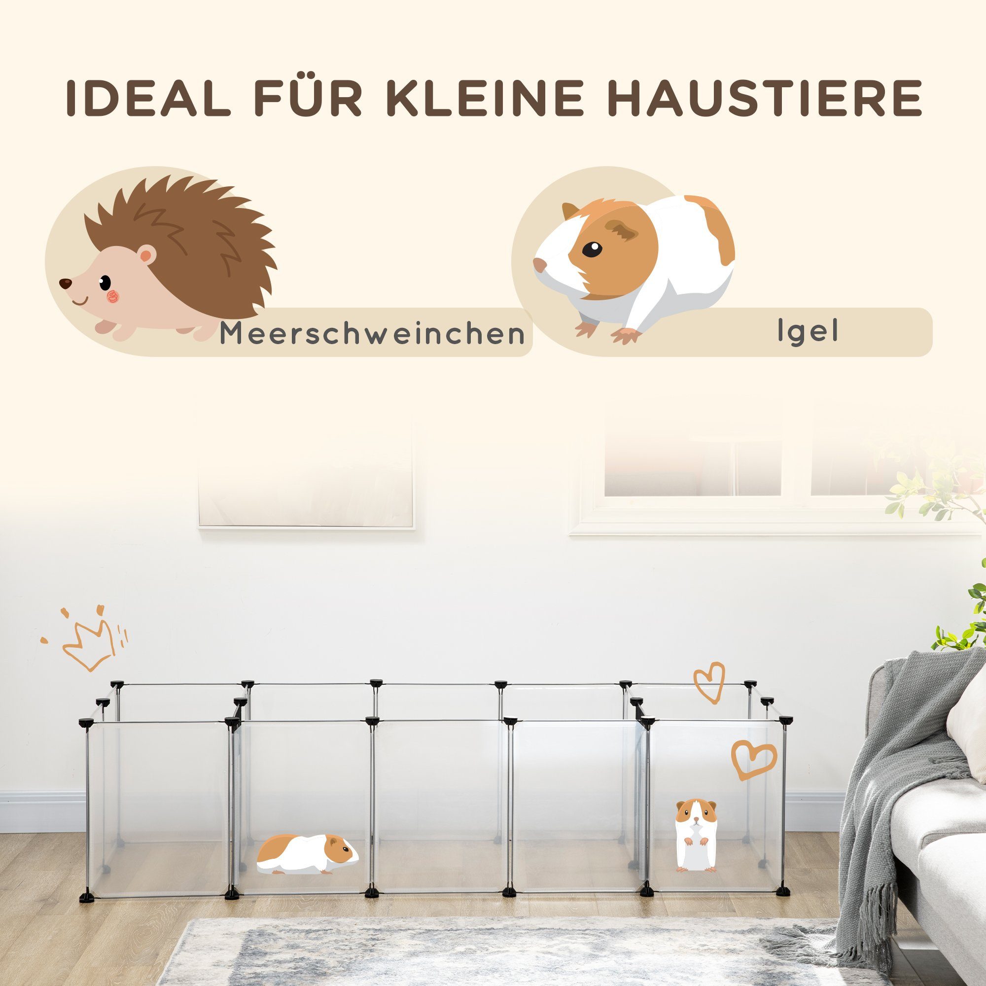PawHut Kleintierkäfig Freigehege, DIY Kleintiergehege, Stahl, PP-Harzplatte, Weiß, 175L x 70B x 45H cm
